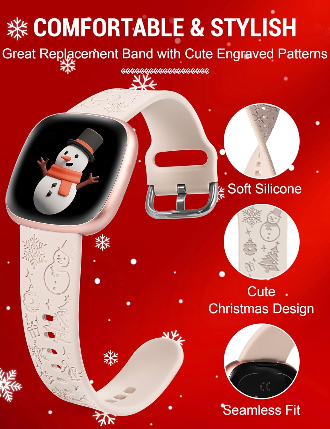 W-RARA Correa de reloj grabada de Navidad compatible con Fitbit Versa 4Versa 3Sense 2Sense, mujeres y hombres, silicona suave, lindo muñeco de