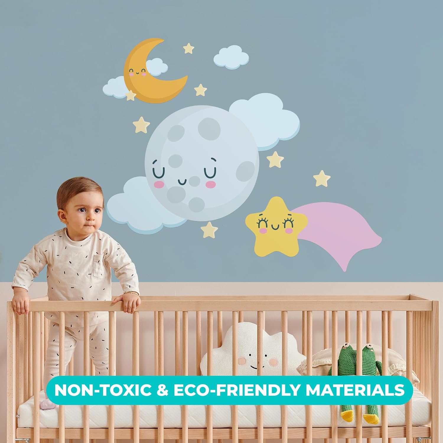 EGD Calcomanía de pared de luna y estrellas para decoración de dormitorio, decoración de habitación I Moon, calcomanías I Moon I Smiley Face Decor I