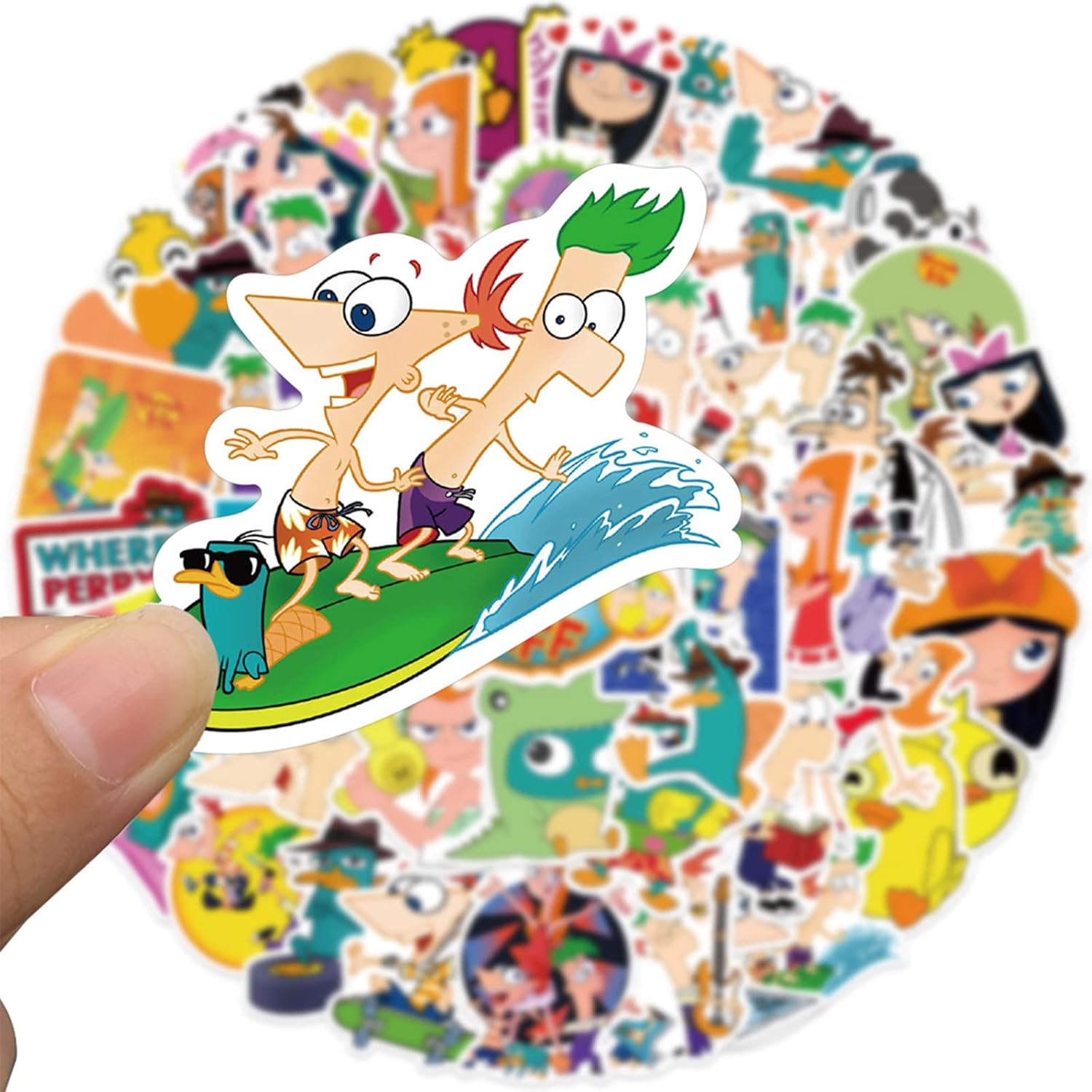 50 calcomanías de dibujos animados de Phineas y Ferb para niños, lindas y divertidas calcomanías de dibujos animados para laptop, botellas de agua,