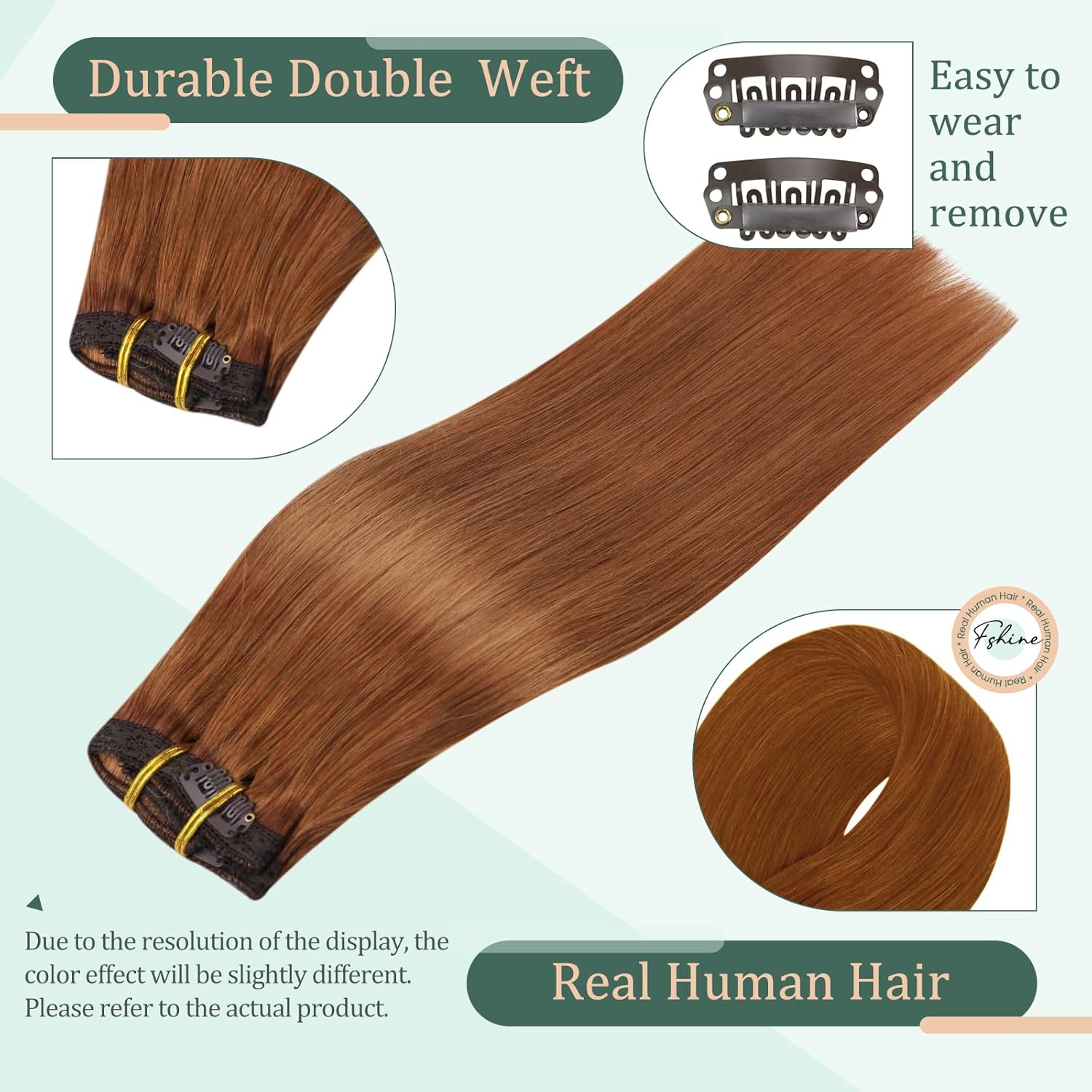 Fshine Extensiones de cabello humano con clip, 7 unidades, extensiones de cabello Remy sin costuras, extensiones de cabello humano con clip, doble