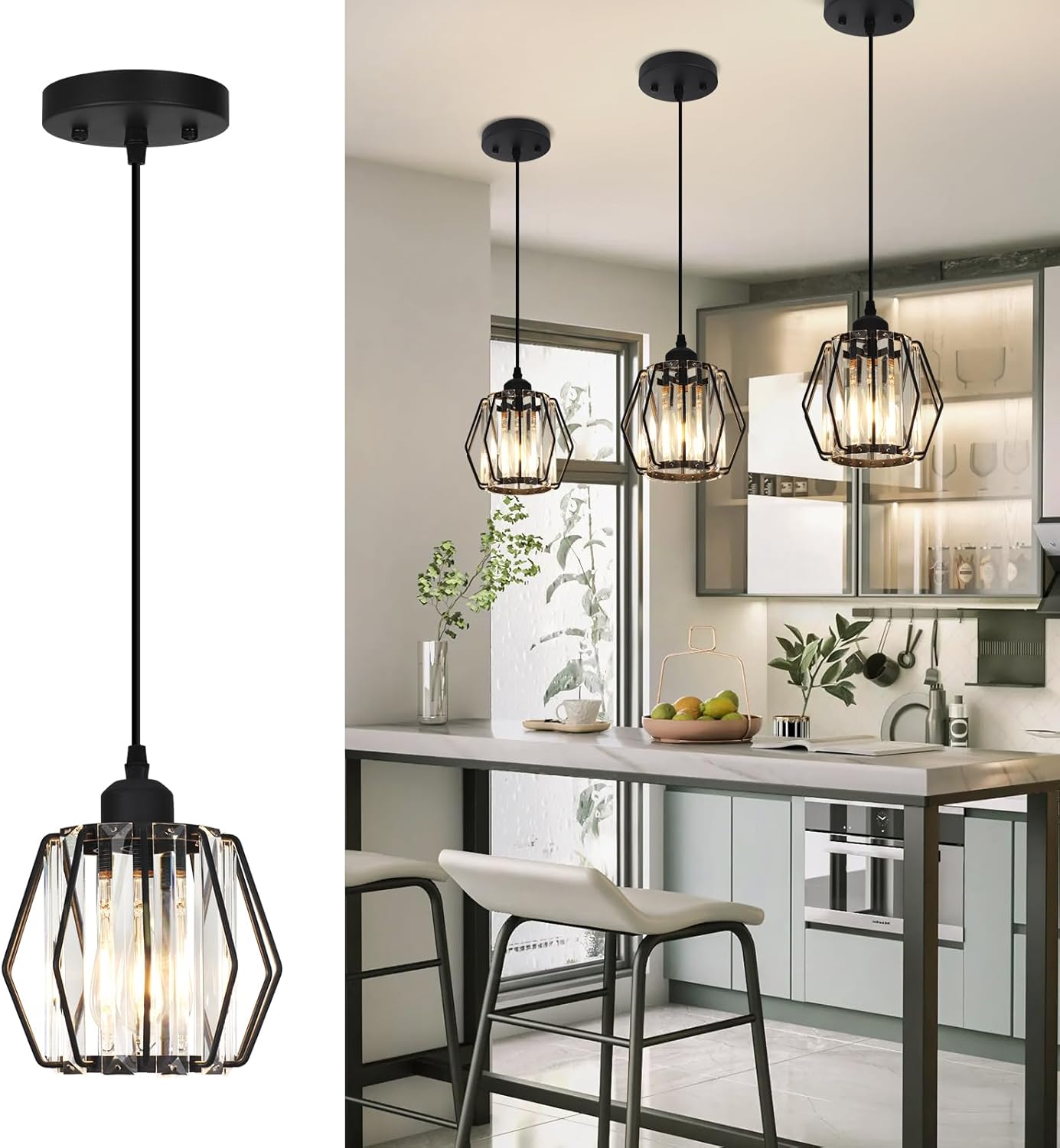 ADISUN Lámpara colgante de cristal para isla de cocina con forma de diamante, luz negra moderna de isla de cocina para bombilla E26, elegante mini