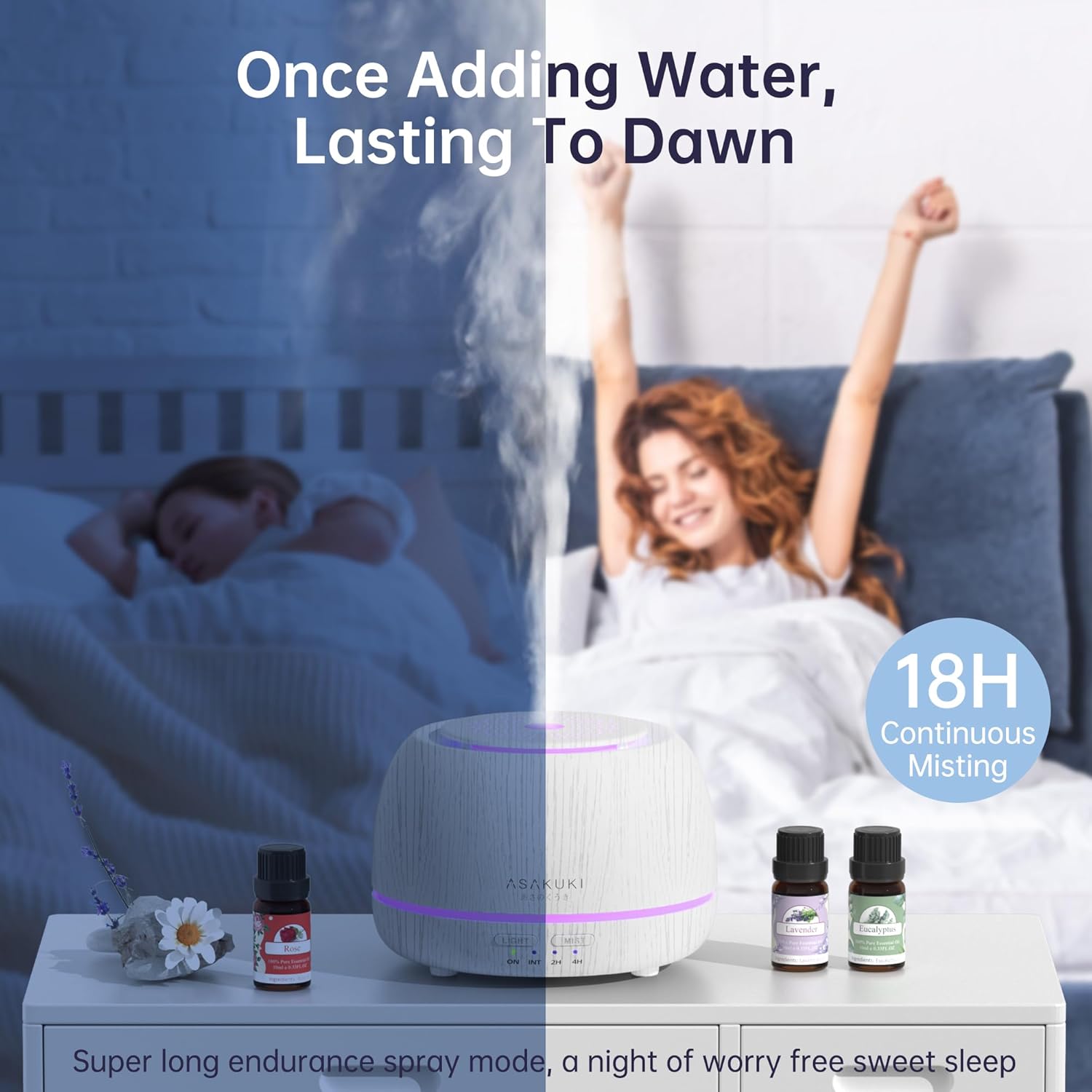 ASAKUKI Difusor de aceite esencial de alta calidad con juego de 10 aceites y control remoto, vaporizador humidificador ultrasónico de aceite
