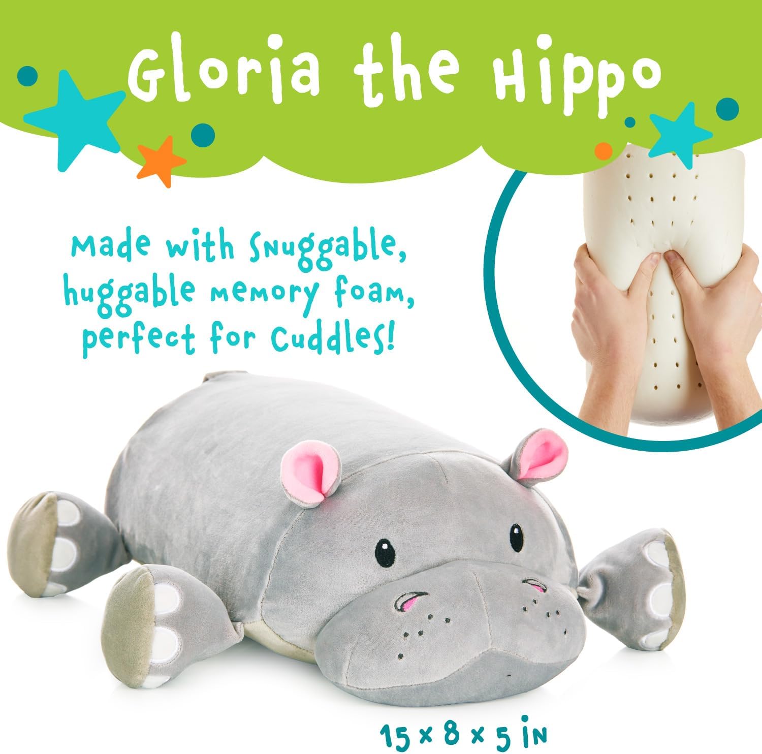 Gloria The Hippo – Almohada de felpa de espuma viscoelástica, 15 pulgadas