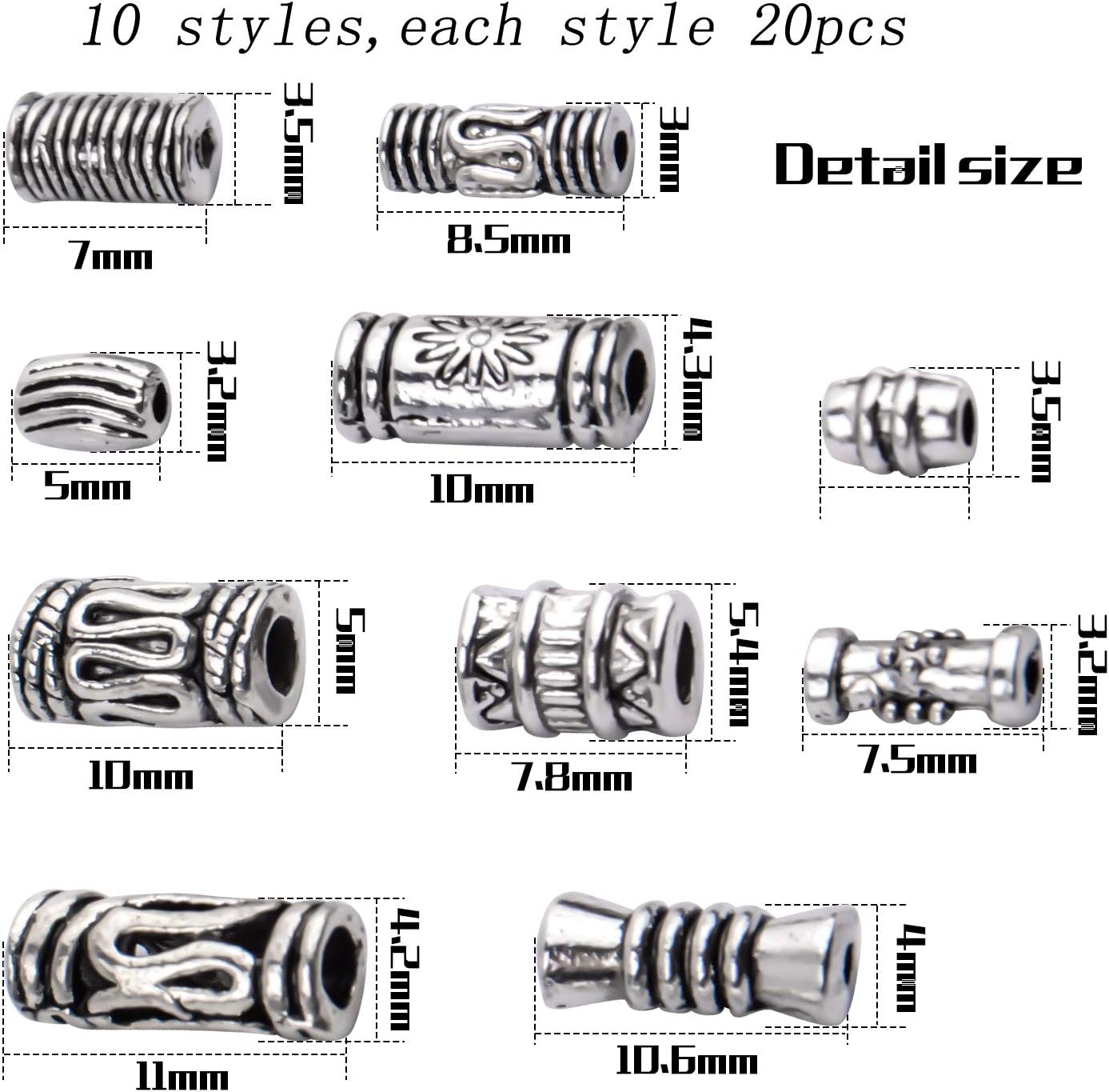 200 cuentas espaciadoras de plata tibetana, cuentas de columna, cuentas de tubo hueco para pulseras y collares de bricolaje