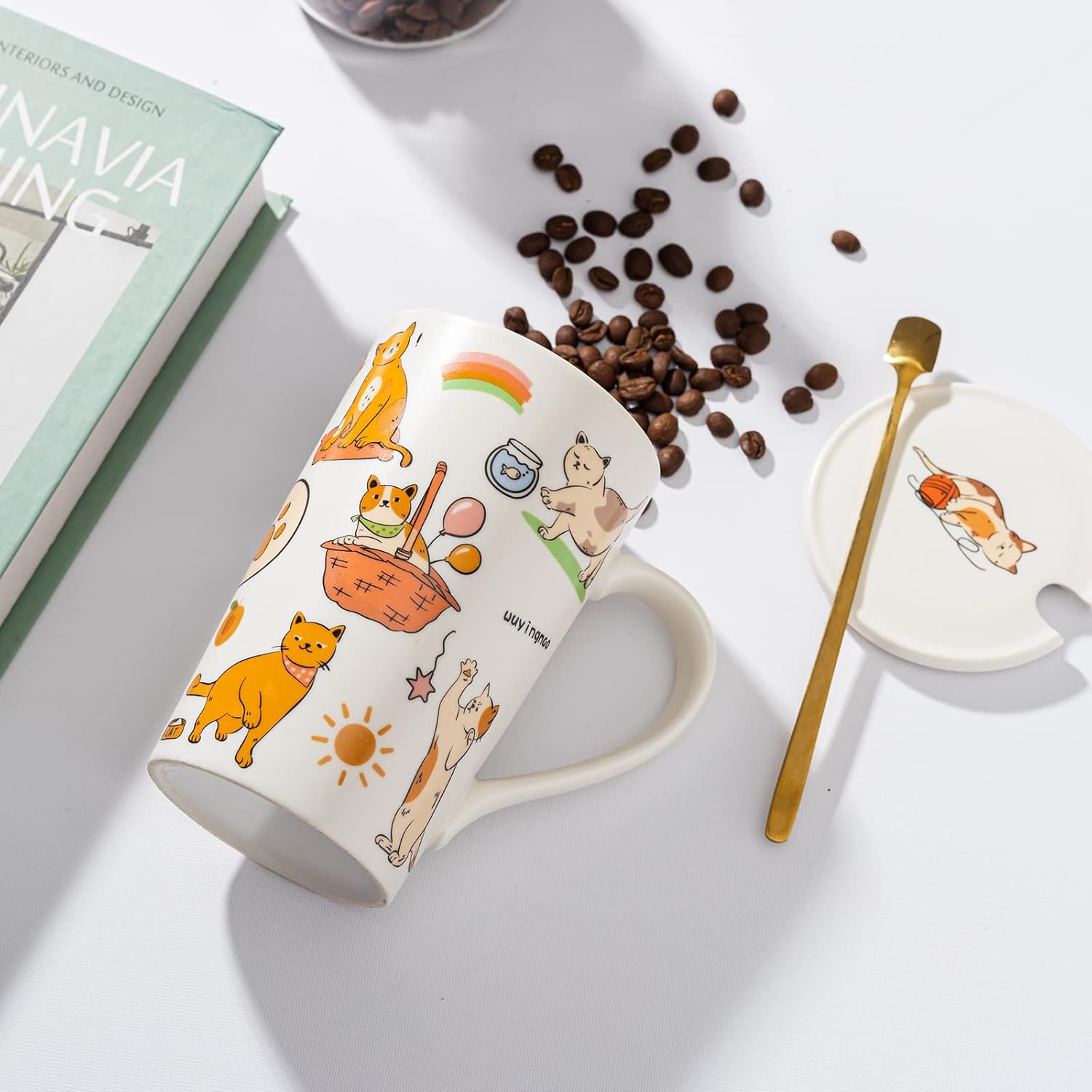BLUEPOLAR Taza de cerámica para café, taza de viaje, taza de té de latte de porcelana, tazas de café para gatos, 17 oz