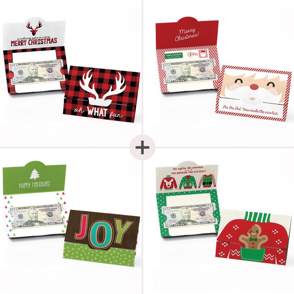 Big Dot of Happiness Tarjetas navideñas surtidas, dinero de Navidad y tarjeteros de regalo, juego de 8