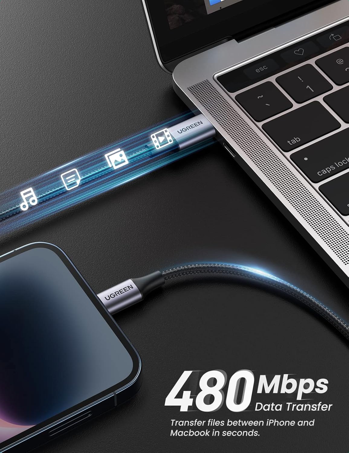 UGREEN – Cable de nailon trenzado de carga USB-C a Lightning con certificación MFi, suministro de energía rápido para iPhone 12 Mini 12 Pro Max 11