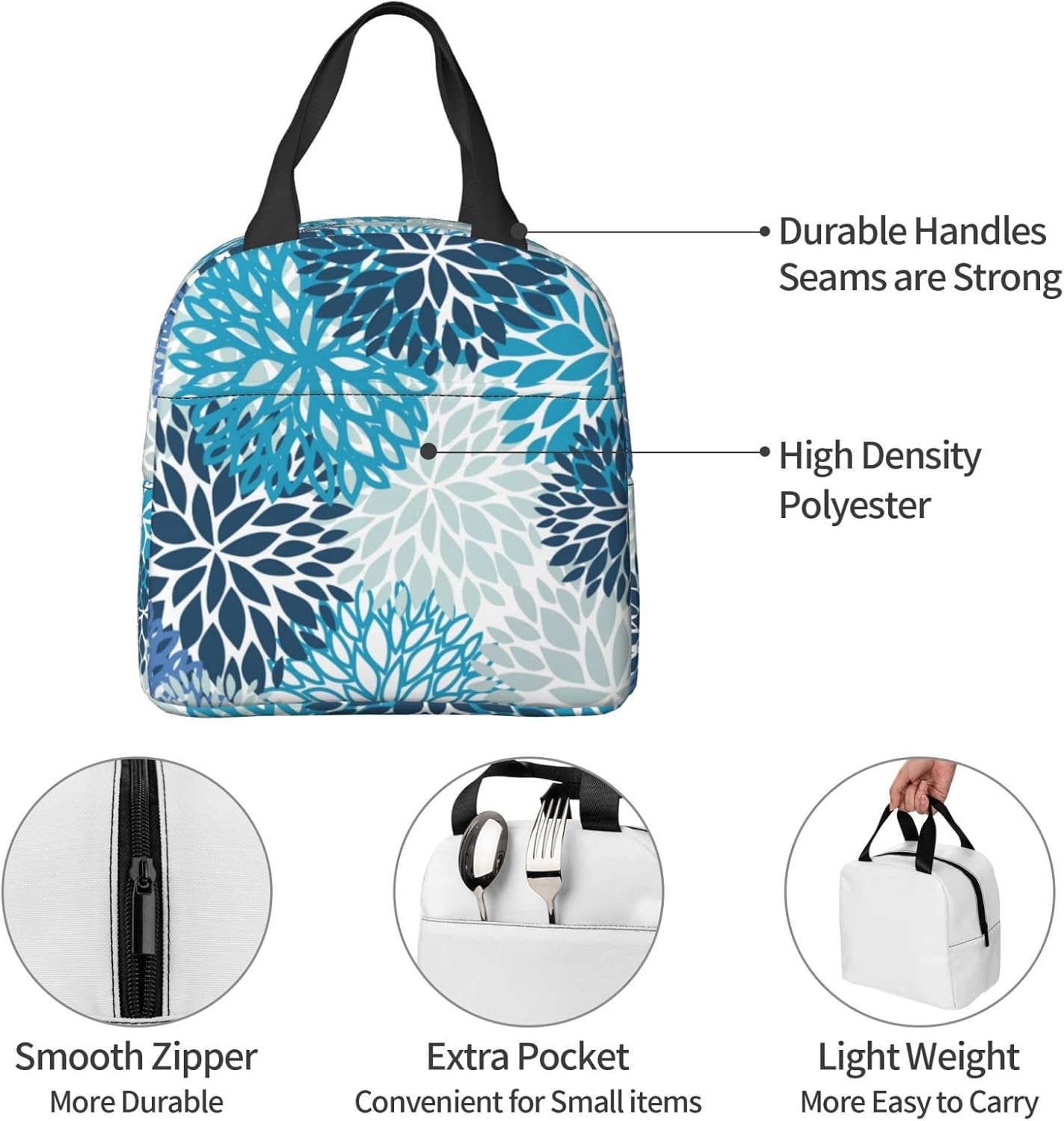 Bolsa de almuerzo con flores de crisantemo, color azul marino, compacta, reutilizable, contenedor para mujeres, hombres, escuela, oficina, trabajo,