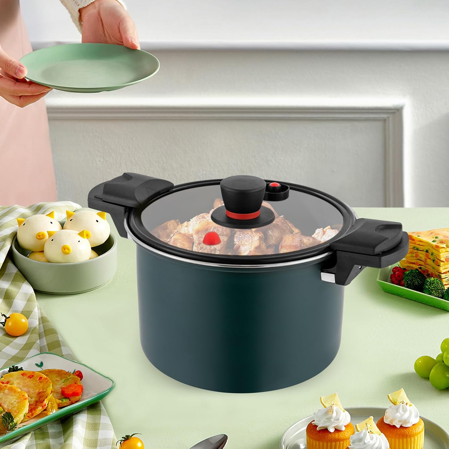 Olla a presión de acero inoxidable de 7.4 cuartos de galón de capacidad, válvula de resorte, dispositivos de protección con tapa de vidrio
