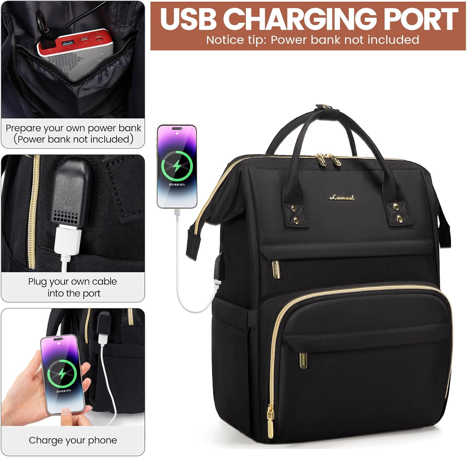 Mochila para computadora portátil para mujer, de moda, para viaje, con puerto USB, Negro), 146901LK-17
