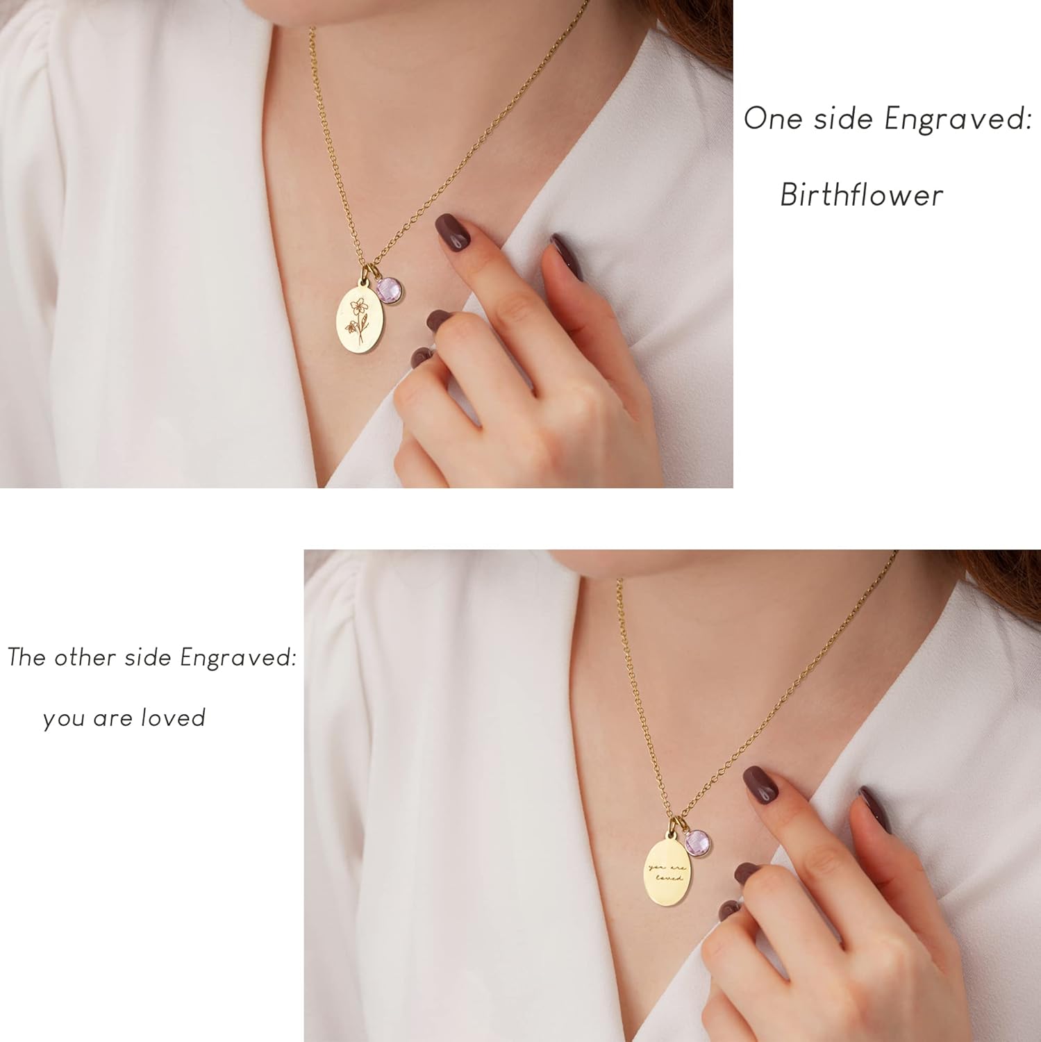 Birth Flower Necklaces for Women Trendy, 18K Gold Plated Dainty Birthstone Pendant Necklace Handmade Oval Coin Birthday Gifts for Women Girls Teens