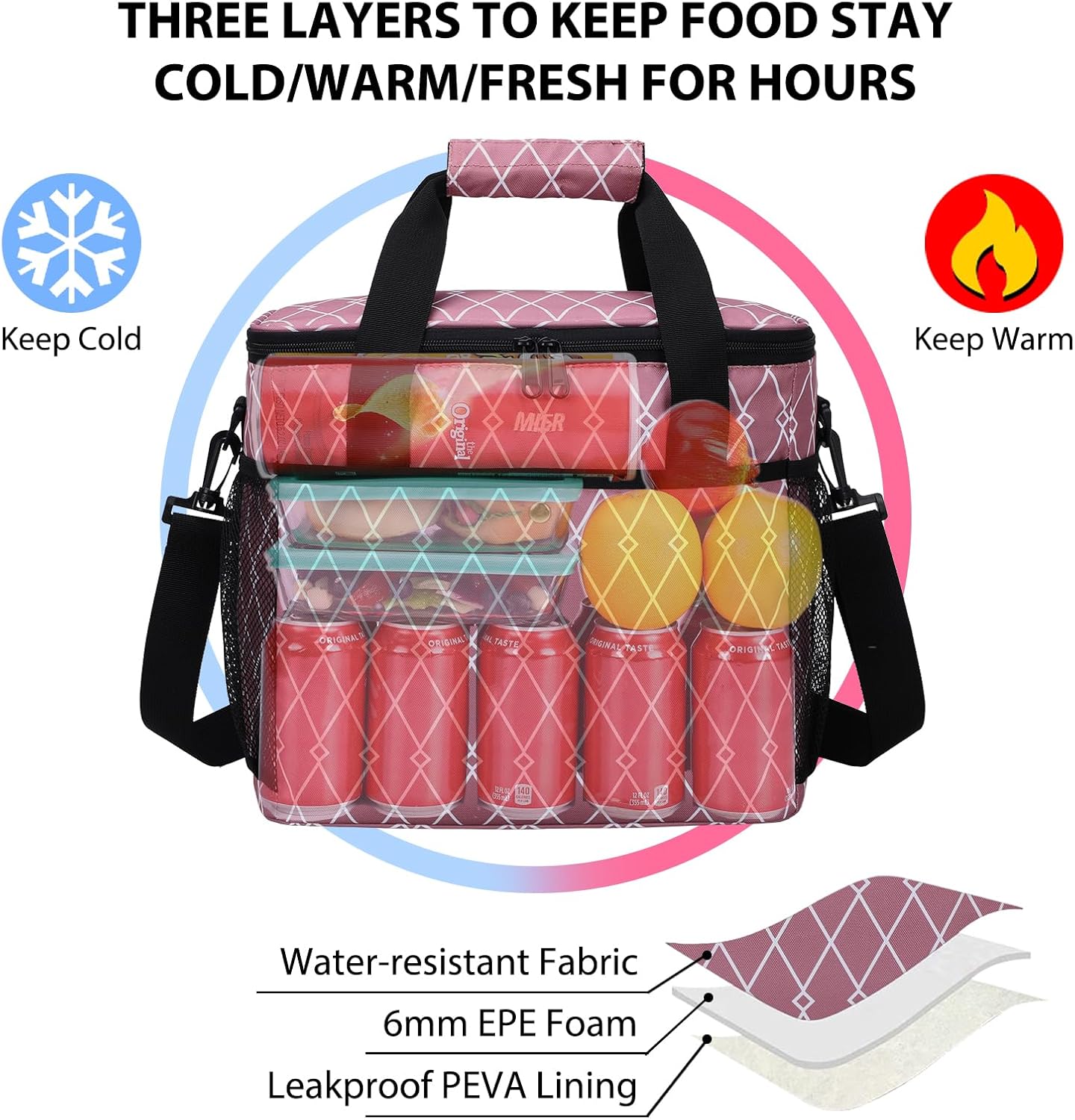 MIER Bolsa de picnic aislada grande y suave de 18L para comestibles, camping, coche, rosa