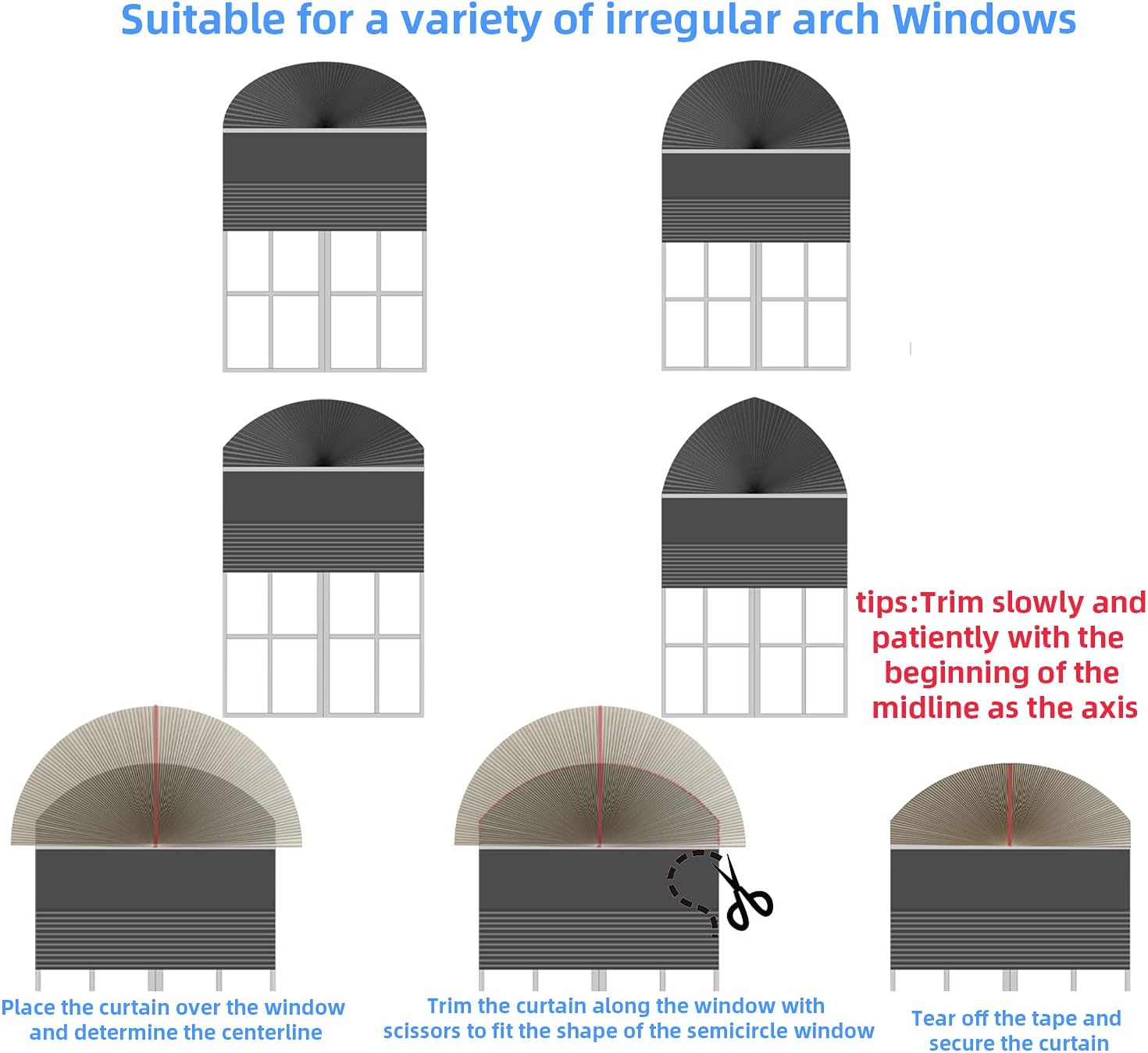 JDALL Persianas plisadas de panal medio círculo para ventana de arco medio círculo, cortina de arco de tela filtrante de luz, fijación rápida y