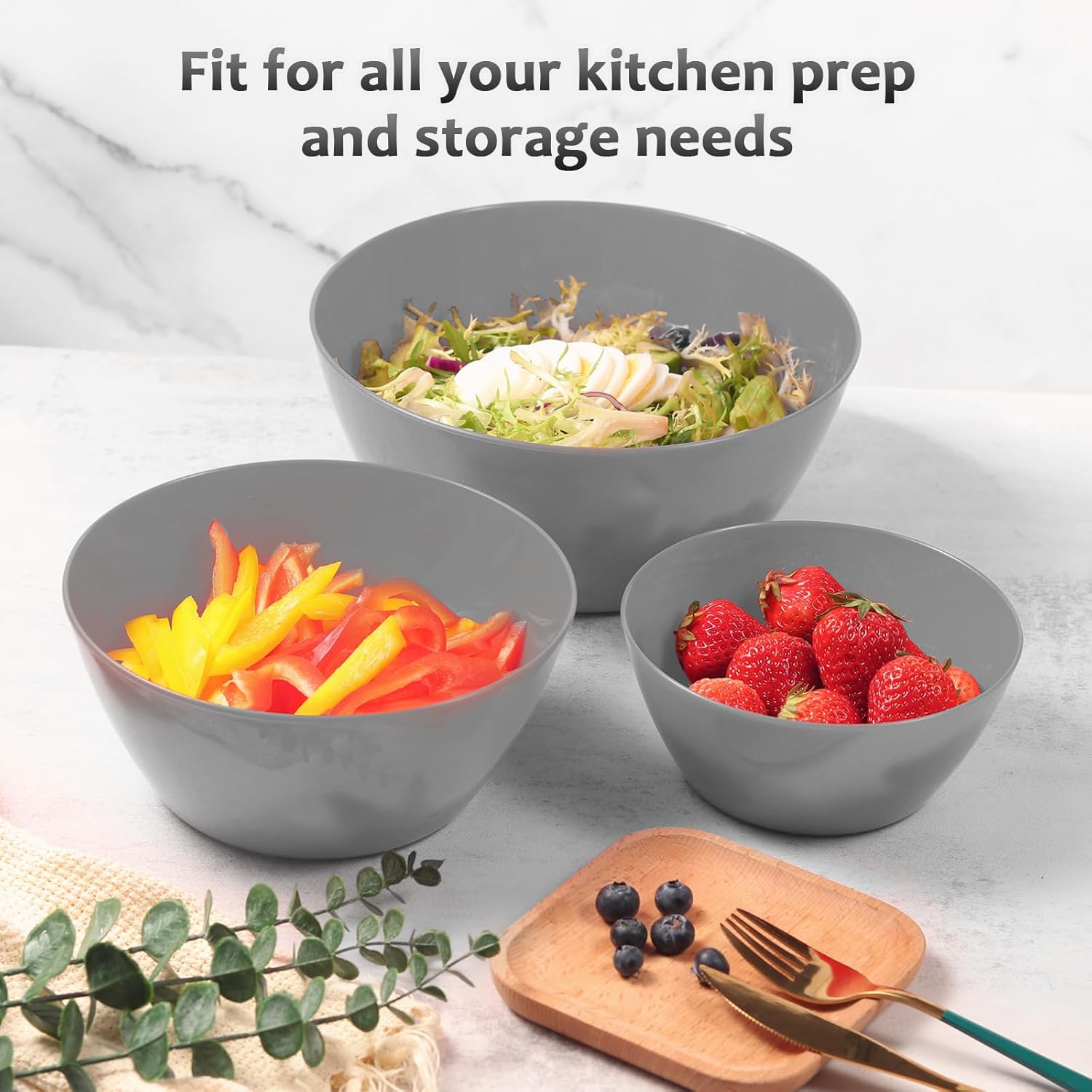 Wehome Tazones para mezclar con tapas, cuencos de plástico para preparar la cocina, servir y almacenar, juego de 3 tazones y 3 tapas, sin BPA y con