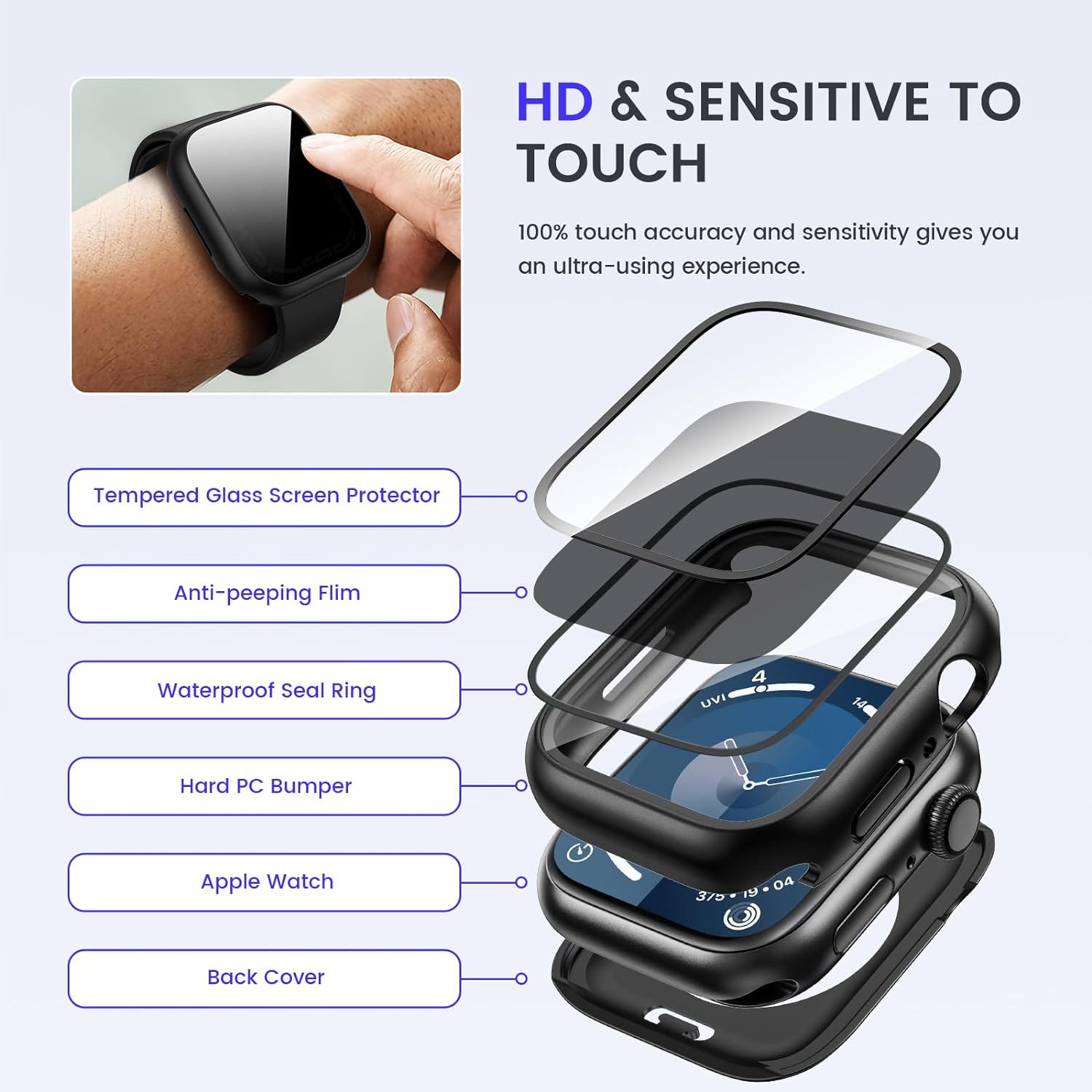 Goton Funda impermeable de privacidad compatible con Apple Watch protector de pantalla de 1.811 in, 1.654 in, 1.772 in, 1.732 in, 1.614 in, 1.575