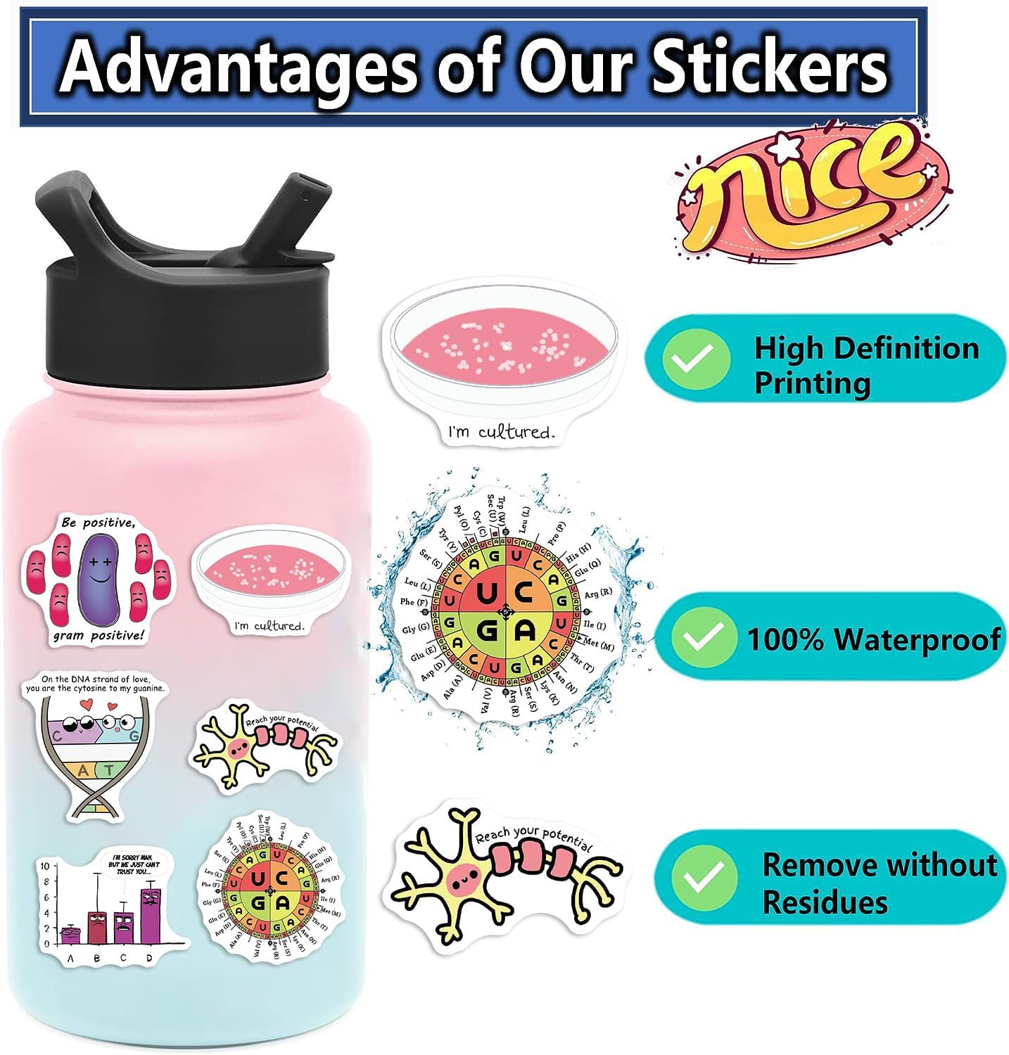 100 calcomanías impermeables divertidas de biología para botella de agua, laptop y cuaderno, lindas calcomanías de biología para profesores y