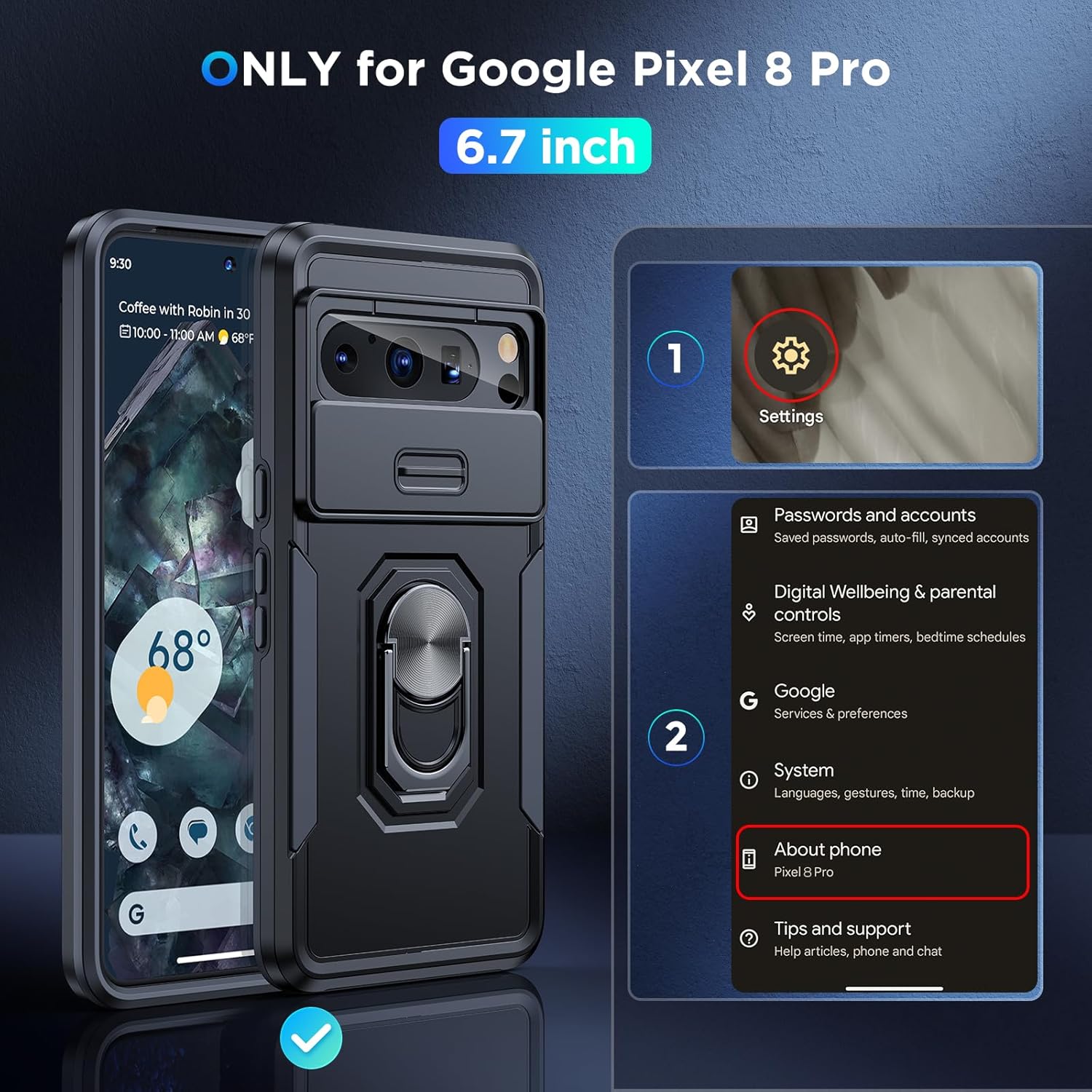 Simtect Funda para Google Pixel 8 Pro con cubierta de cámara, protección militar contra caídas de 14 pies soporte de anillo de rotación de 360 Funda