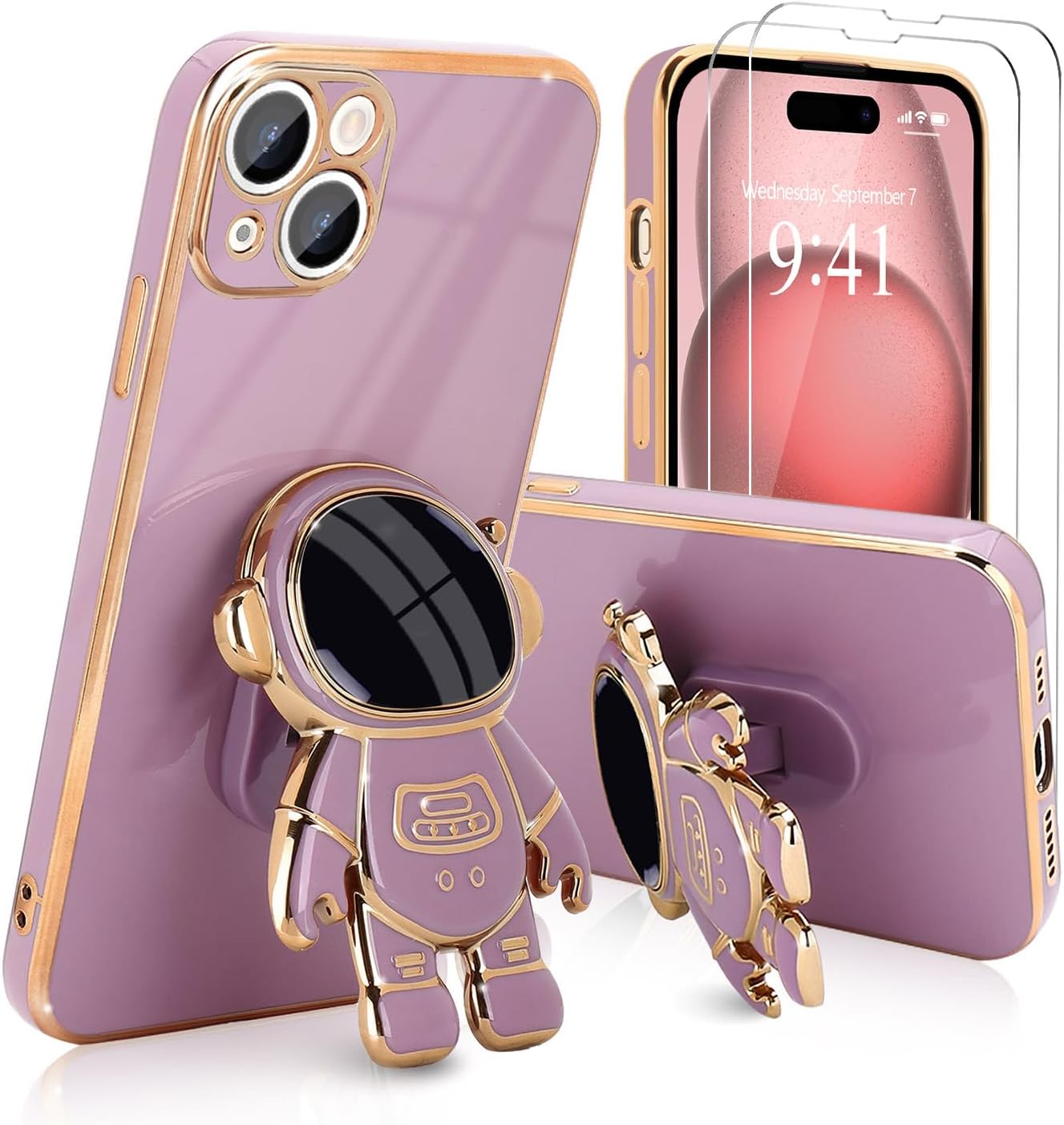 Pepmune Funda para iPhone 15, lindo soporte de astronauta 3D con 2 protectores de pantalla protección de cámara Soporte de silicona suave a prueba