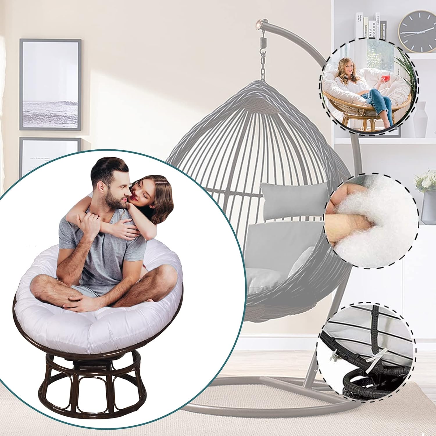 Papasan – Cojines redondos para silla + cojín para reposapiés Papasan, cojín para taburete Papasan, cojín impermeable para silla de columpio para