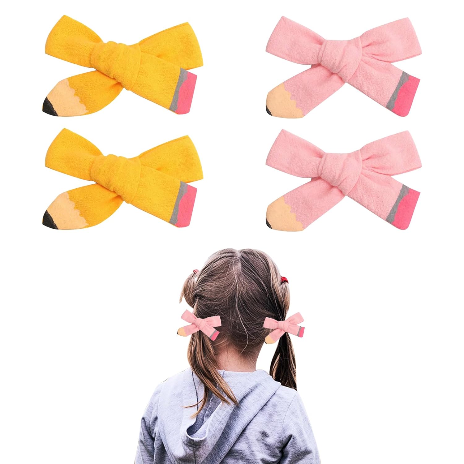 4 lazos para el pelo de regreso a la escuela, pintados a mano, amarillos, lazos escolares para adolescentes, niñas y estudiantes (rosa y amarillo)