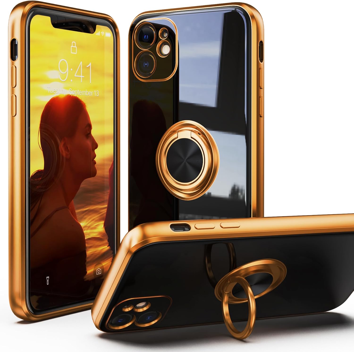 IDweel Funda para iPhone 11 con soporte de anillo de 360 con soporte magnético, ligera, delgada, borde de oro rosa, TPU suave, protección de cámara,