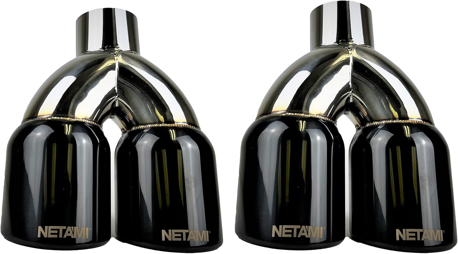 NETAMI 3 “entrada a 4” Quad Staggered Outlet Puntas de escape de acero inoxidable doble pared negro cromado acabado un par
