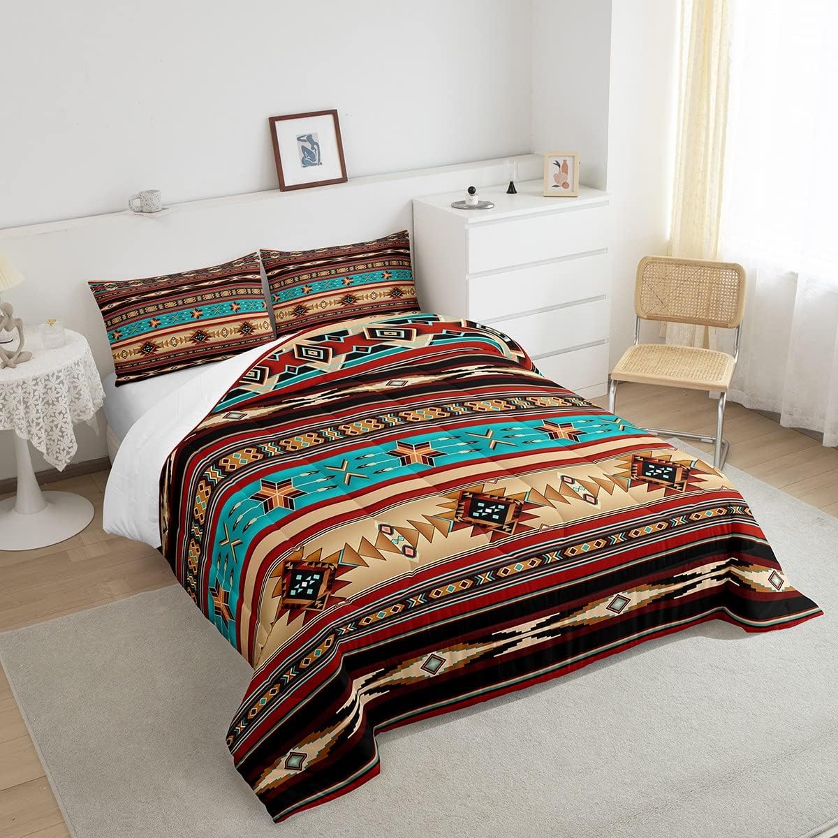 Juego de edredón azteca, étnico tribal étnico, juego de ropa de cama vintage del suroeste nativo bohemio, tamaño individual, relleno de edredón de
