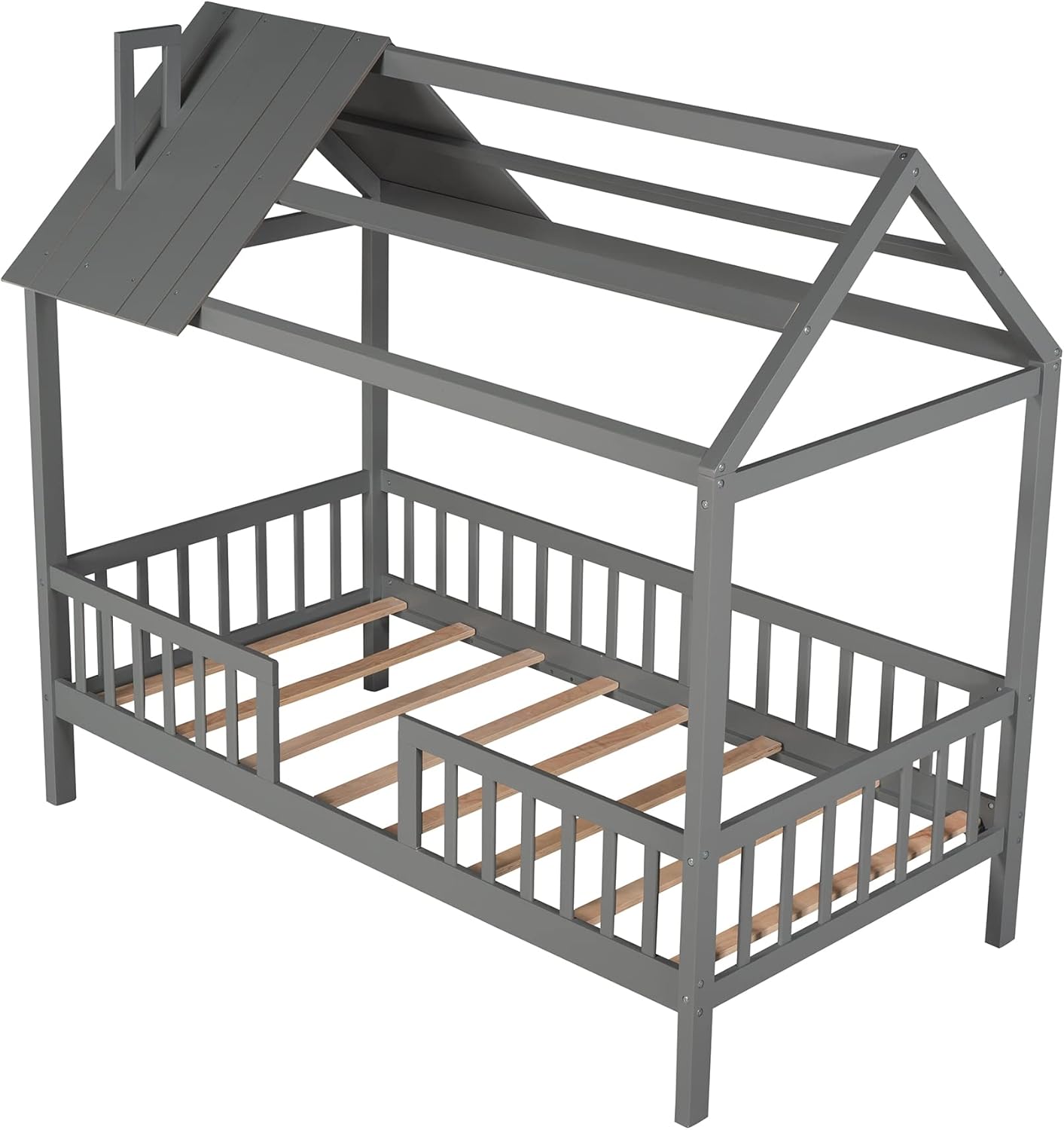 SOFTSEA Cama de casa individual con valla para niños y niñas, marco de cama de madera, muebles de dormitorio, gris