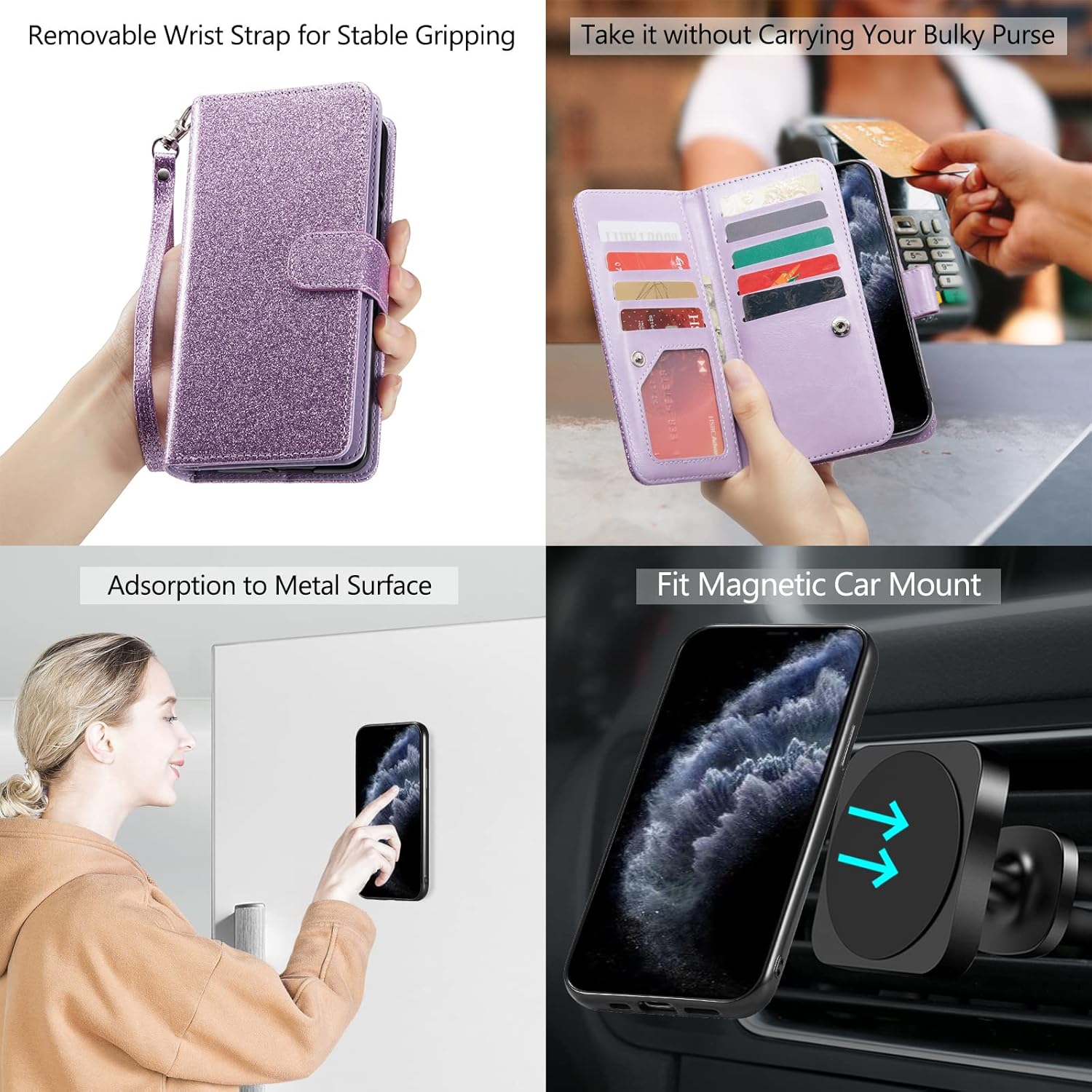 Varikke Funda tipo cartera para iPhone 11 Pro Max, funda magnética desmontable para mujer con tarjetero y soporte y correa para la muñeca, se adapta