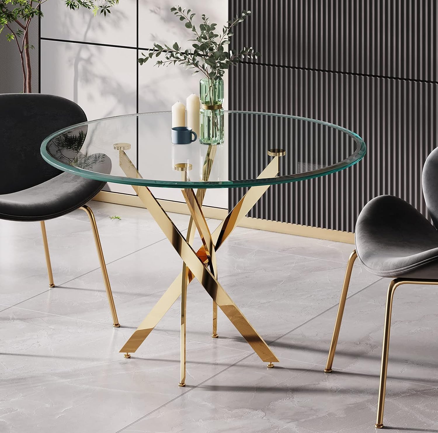 Mesa de comedor redonda de 36 pulgadas, mesa de comedor moderna con base de acero inoxidable dorado, mesa de comedor circular de vidrio templado