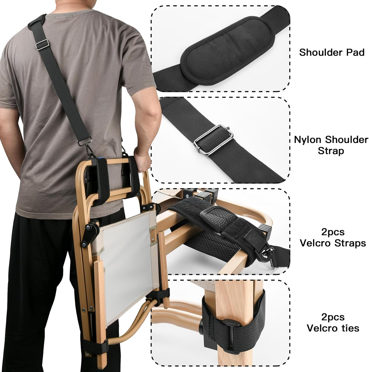 Xxerciz Correa de transporte para silla de playa, silla plegable, correa de hombro ajustable para silla de campamento, correa de transporte de