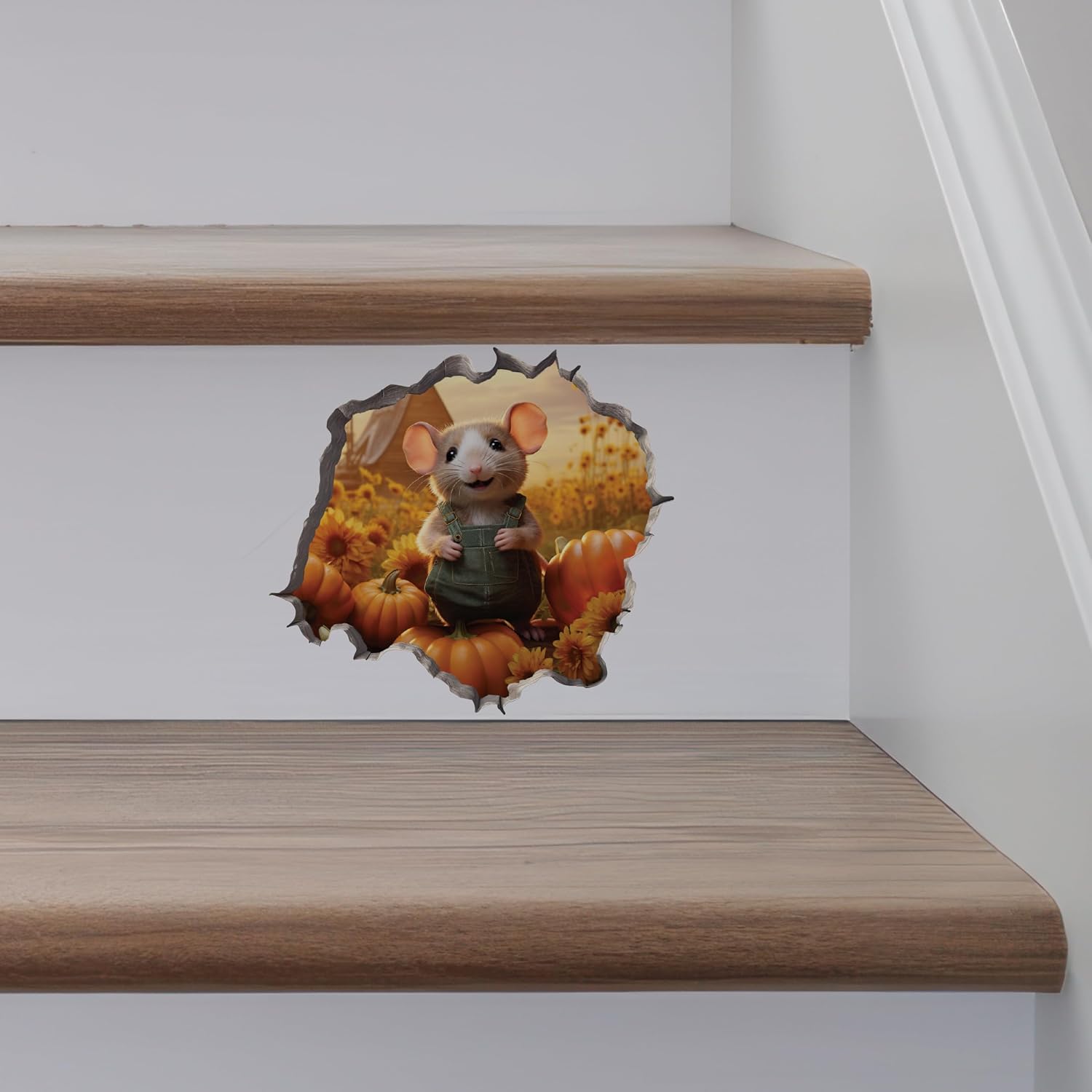 Calcomanía de pared 3D con parche de calabaza con agujero de ratón
