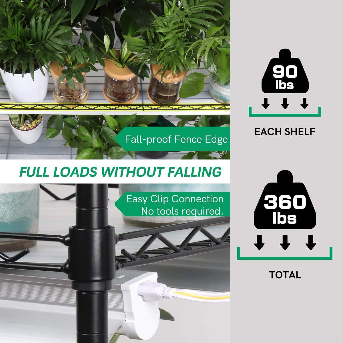 BreeRainz Estante para plantas con luces de crecimiento, soporte de metal de 4 niveles con capacidad de 90 libras para cada estante, longitud de