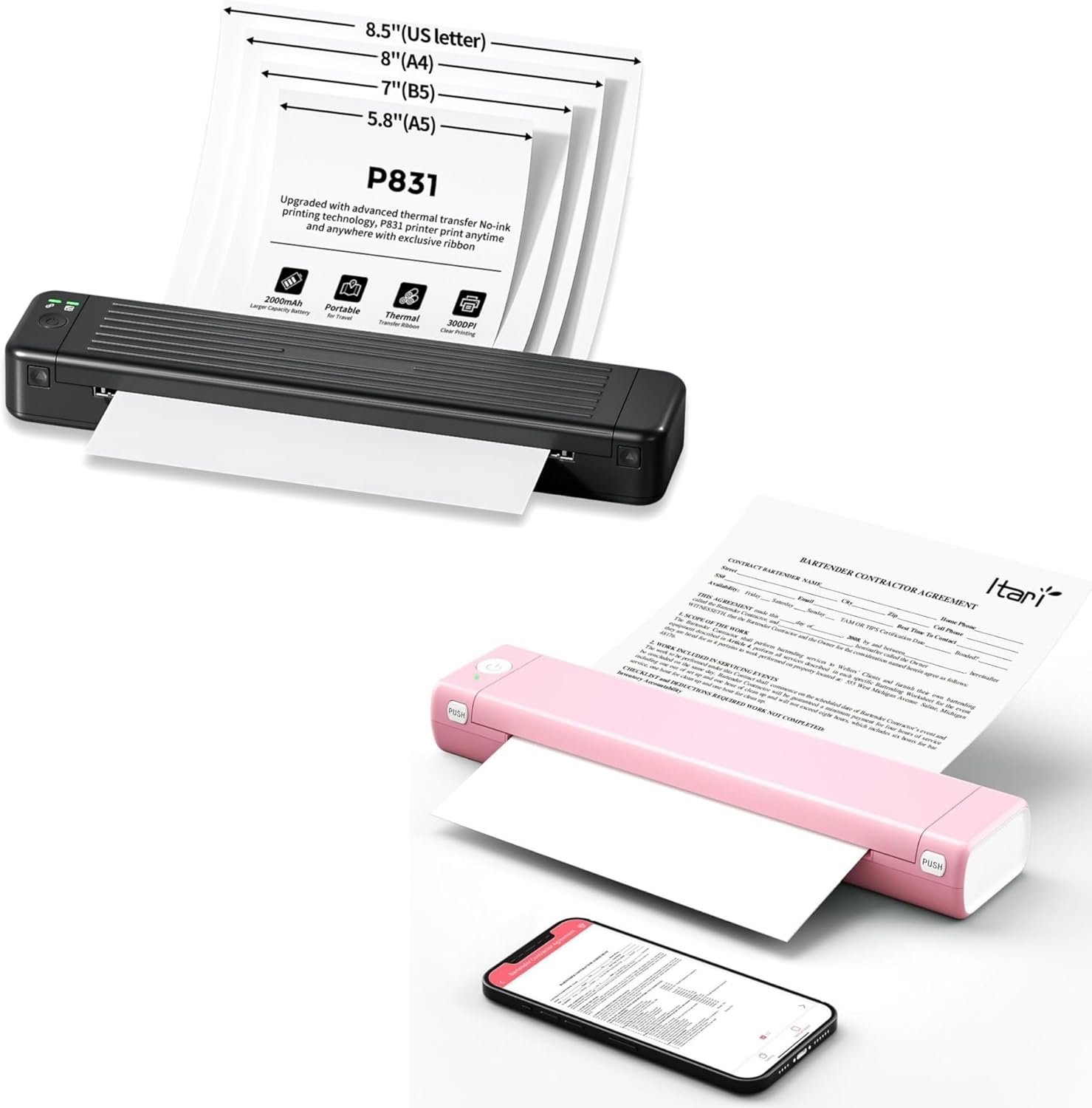 Itari Impresora de transferencia térmica P831, impresoras portátiles inalámbricas para viajes, M08F térmica portátil Bluetooth tatuaje