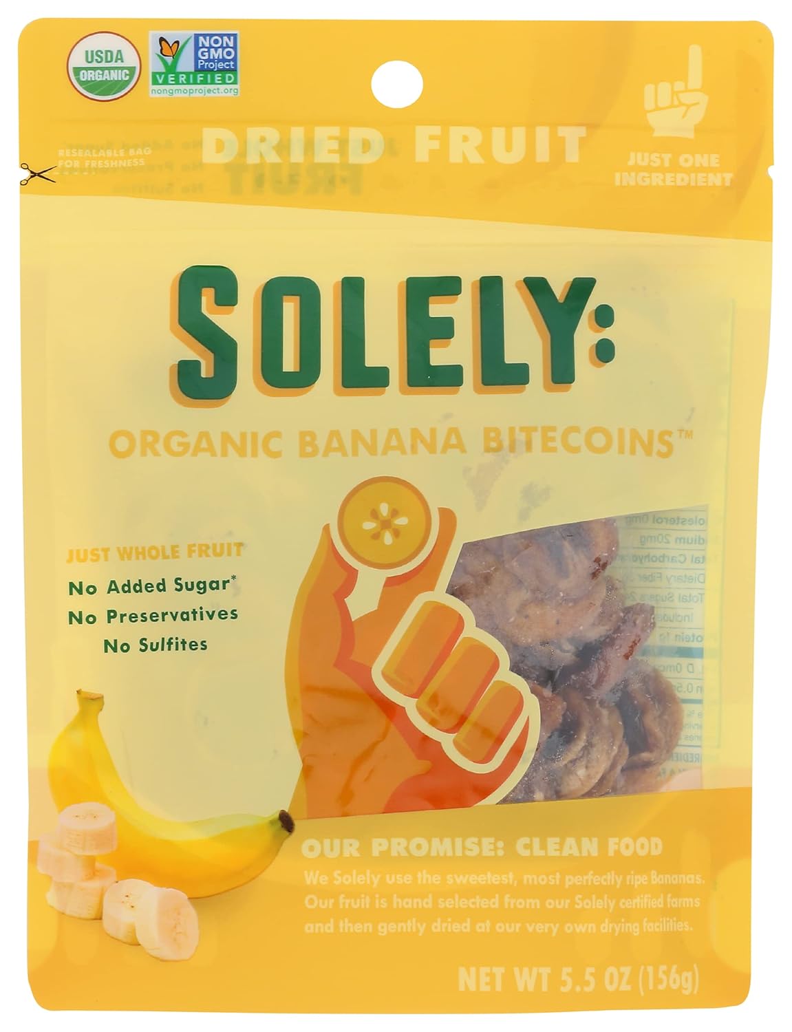 Solely Bitecoins de plátano seco orgánico, certificado por USDA, sin azúcar añadido, vegano, sin OMG, 5.5 onzas (paquete de 6)