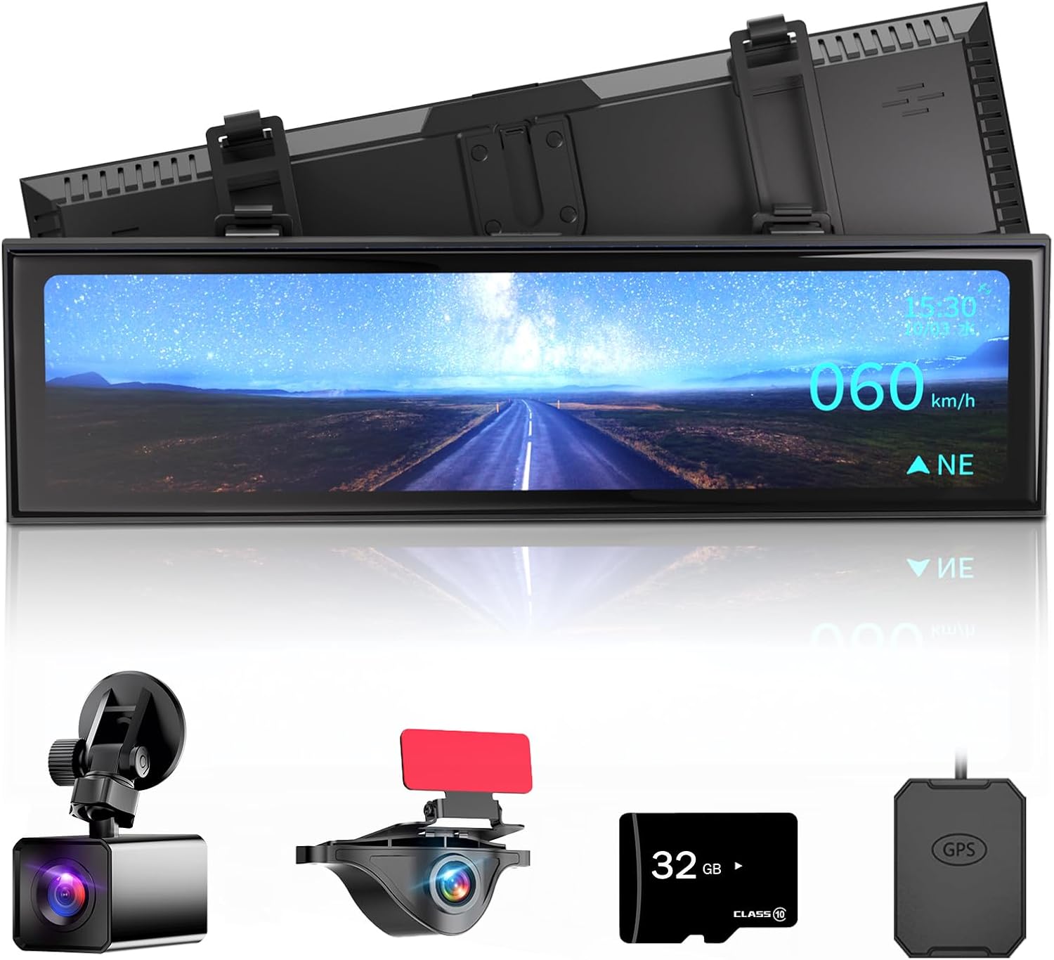 Cámara de espejo retrovisor de visión nocturna con lente de apertura F1.0, radar de visión AI, BSD HDRWDR, pantalla táctil inteligente espejo Dash
