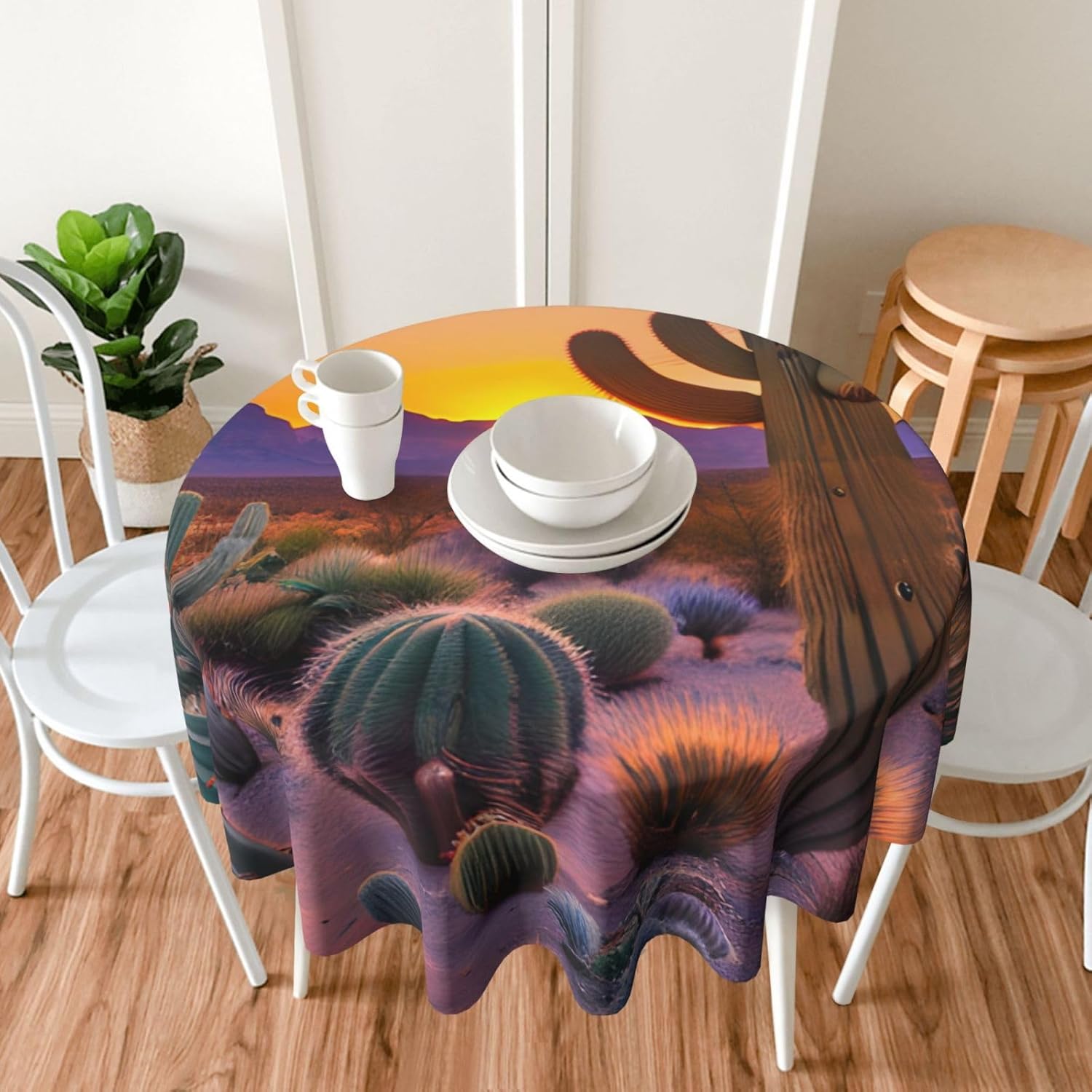 ZISHAK Mantel decorativo redondo Cactus Desert Sunsets transforma tus mesas de comedor y café con nuestro exuberante acento de lino
