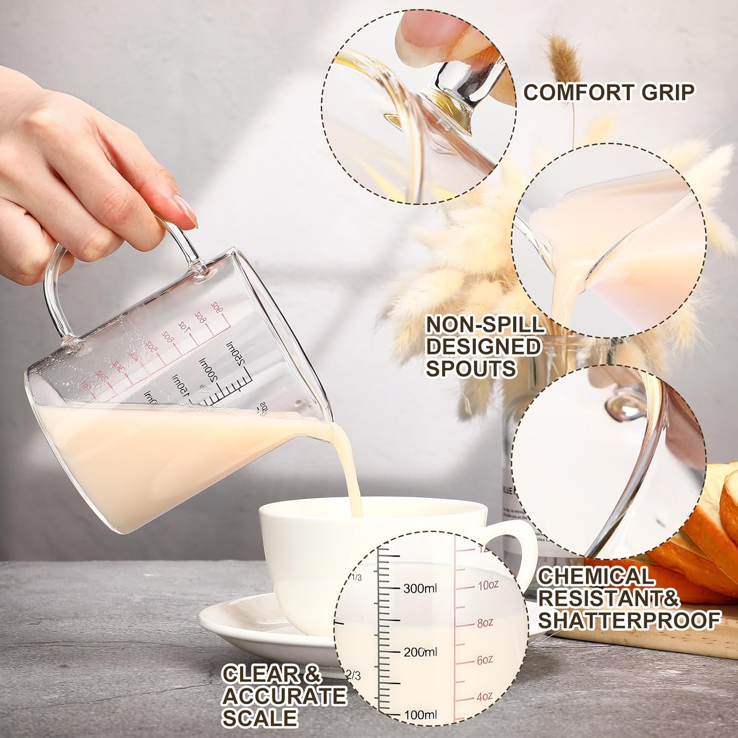 Lallisa Paquete de 3 tazas medidoras de vidrio con asa y boquilla en forma de V, vaso de vidrio de borosilicato alto con 3 escalas (Oz, taza, Ml)