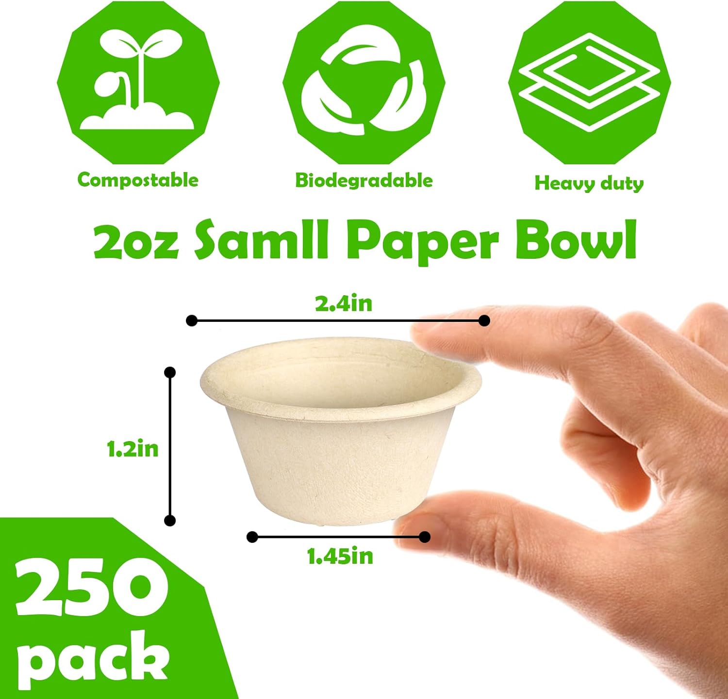 Groecycle Cuencos de papel pequeños de 2 onzas, paquete de 250 cuencos de chile desechables, cuencos de fibra de bagazo compostables, cuencos de