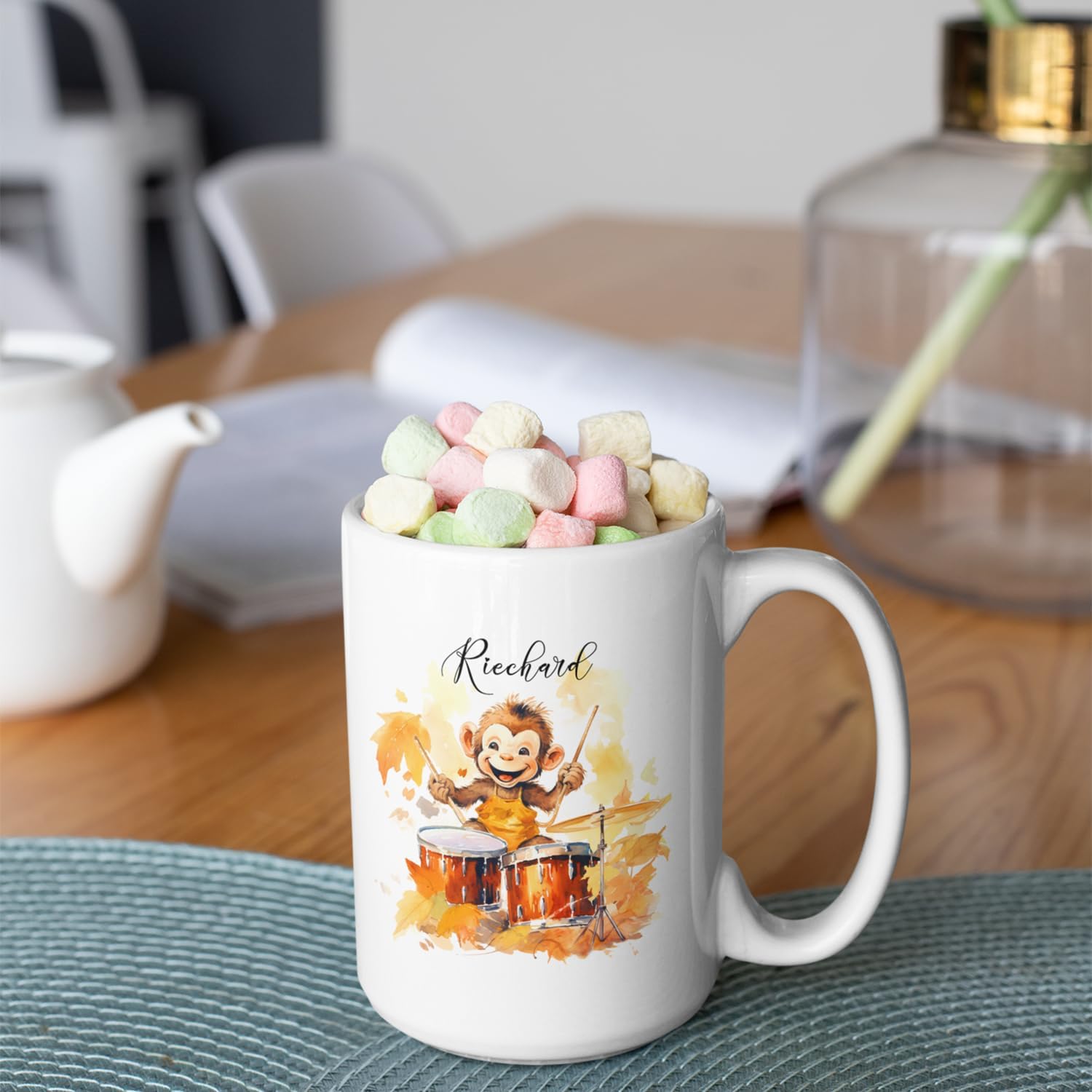 Taza de cerámica blanca de mono de otoño personalizada de 11 onzas, 15 onzas, tazas de té de tambor, regalo de tazas de otoño para amantes del