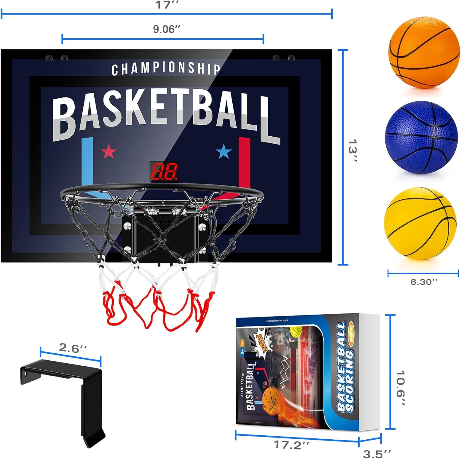 TREYWELL Aro de baloncesto interior para adolescentes y adultos, mini aro de baloncesto con marcador electrónico, 3 bolas y baterías, juguetes de