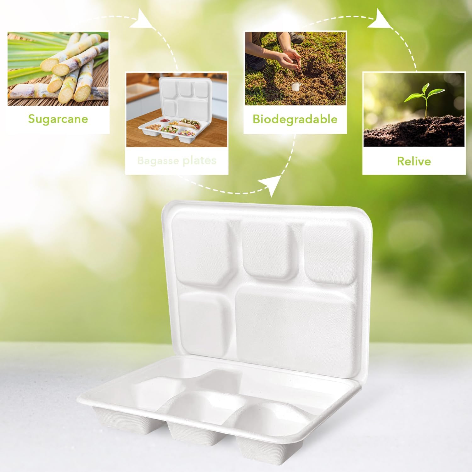 three leaf Juego de 5 bandejas de comida con tapa, 25 juegos. Platos de bagazo desechables resistentes y ecológicos con plomo, platos 100%