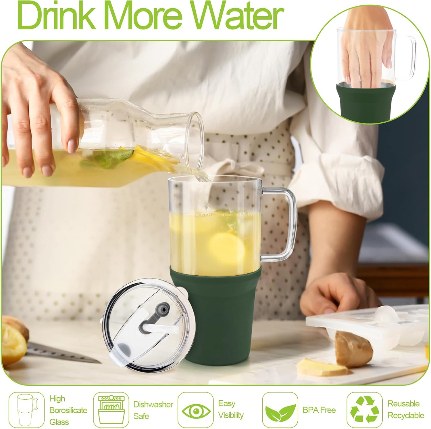 Zenbo Vaso de vidrio con tapa y popote, taza de café helado de 32 onzas con asa, botellas de agua de vidrio con funda de silicona, taza de vidrio