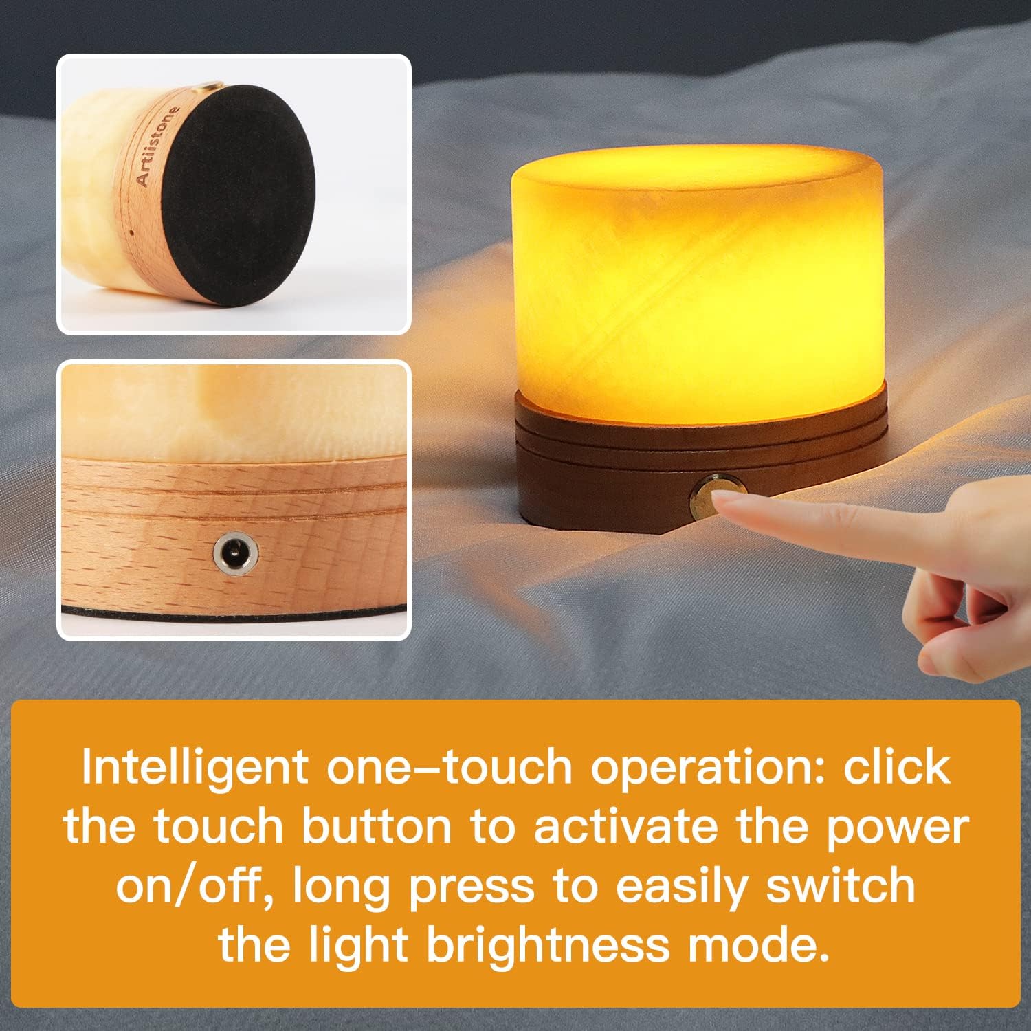 Artiistone Luz nocturna de piedra de cristal con sensor táctil de base de madera, recargable por USB, cristales curativos naturales, lámpara LED,