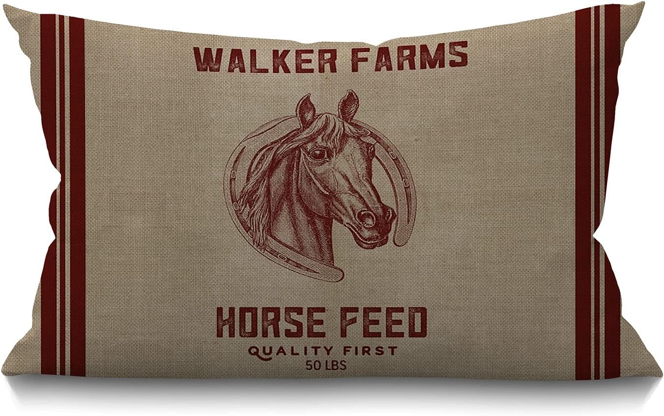 Smooffly Walker Farms – Funda de almohada decorativa, saco de alimentación de caballos de arpillera, funda de almohada lumbar moderna de granja,