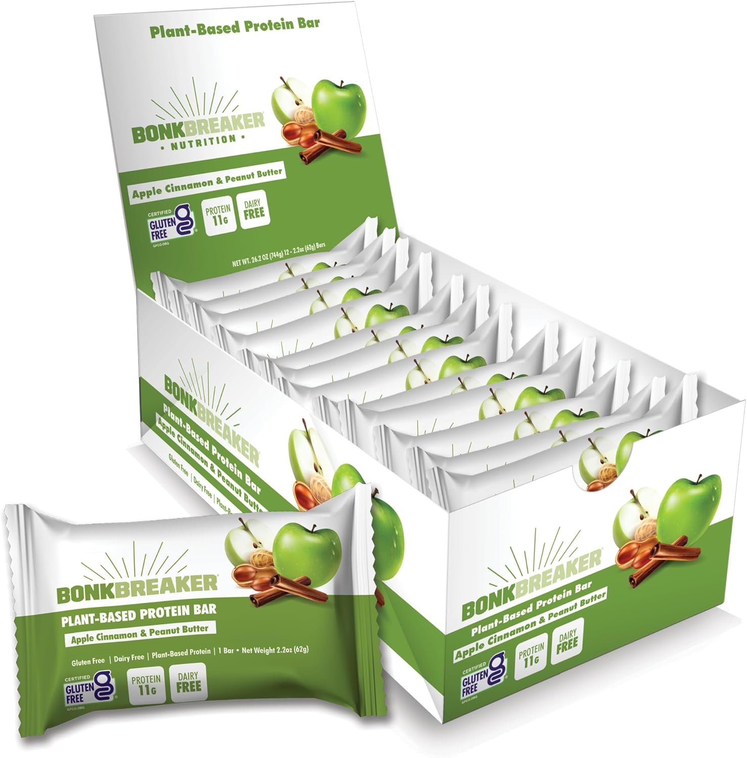 Bonk Breaker Barras de proteínas a base de plantas, sin gluten, sin lácteos, 0.43 oz de proteína, manzana canela y mantequilla de maní, paquete de 12