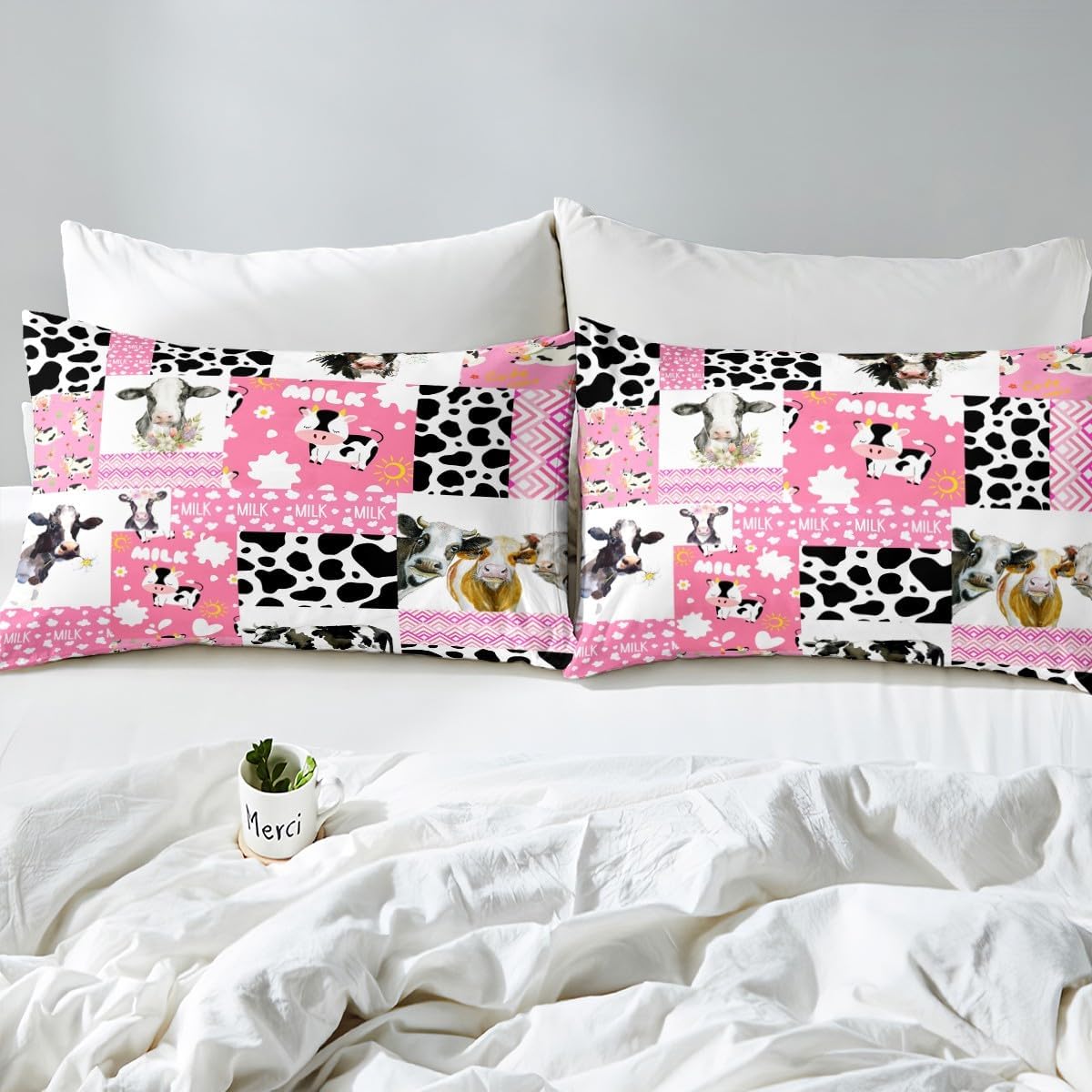 Erosebridal Juego de sábanas tamaño individual con estampado de vaca rosa, juego de sábanas de animales kawaii, juego de sábanas de vida silvestre,
