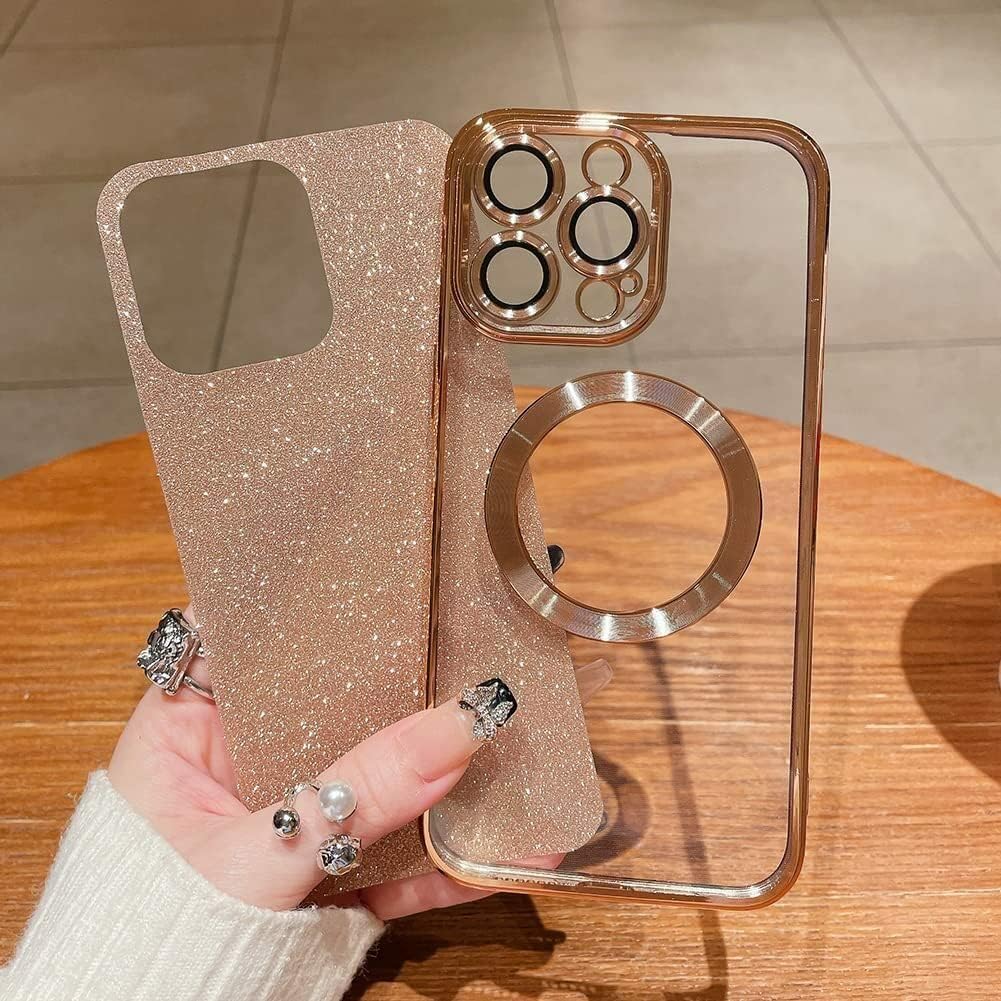 aowner Funda magnética para iPhone 13 Pro con purpurina, chapado de lujo, bonito brillante con protector de lente de cámara, compatible con MagSafe,