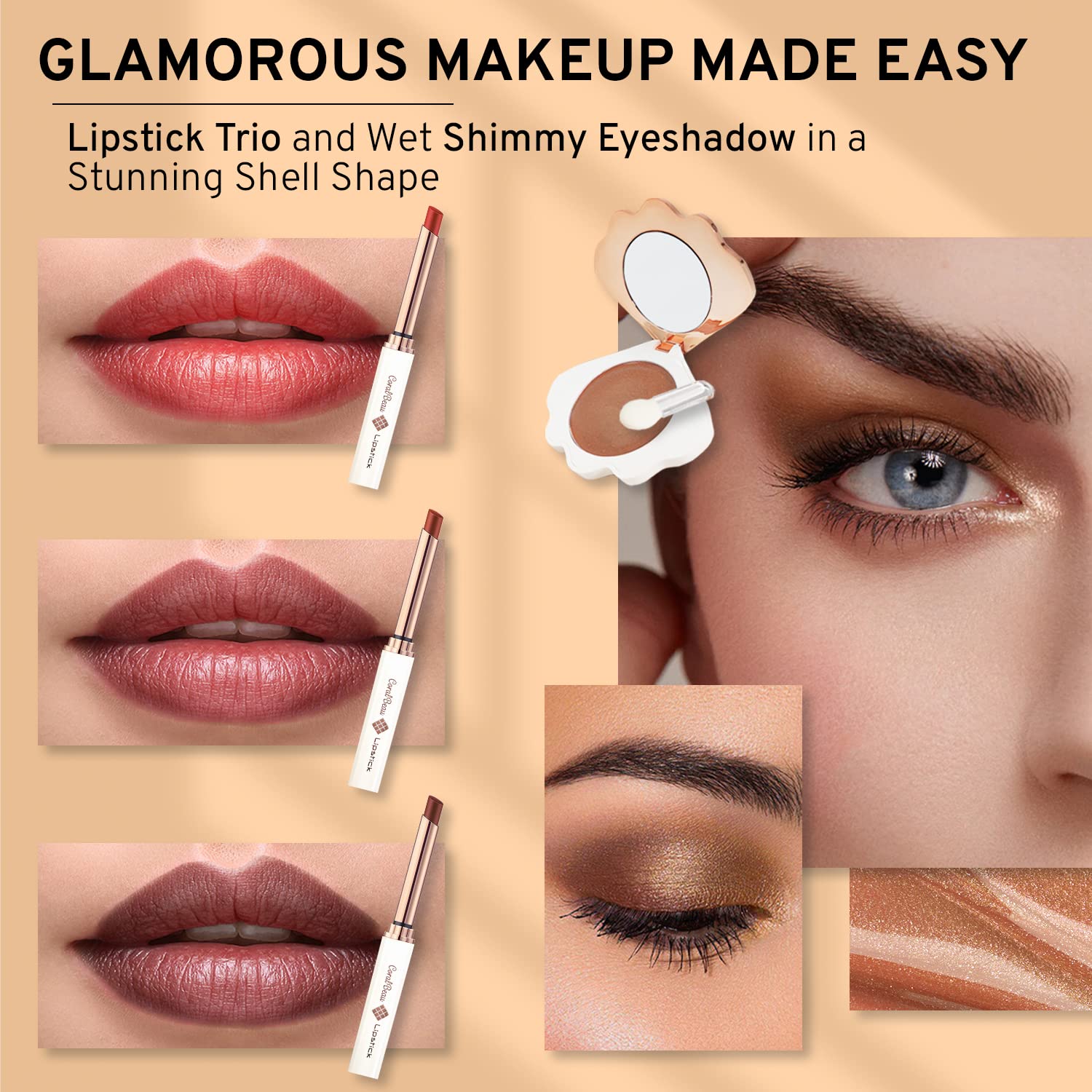 Juego de maquillaje Shell – Kit de maquillaje todo en uno para mujeres con polvo de crema BB compacto, paleta de sombras de ojos con tonos marrones,