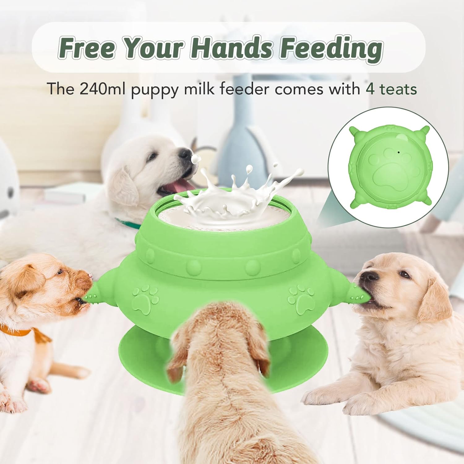 Comedero para cachorros para varios cachorros, 4 tetinas, alimentador de leche para cachorros, estación de lactancia de silicona para cachorros, 8.1